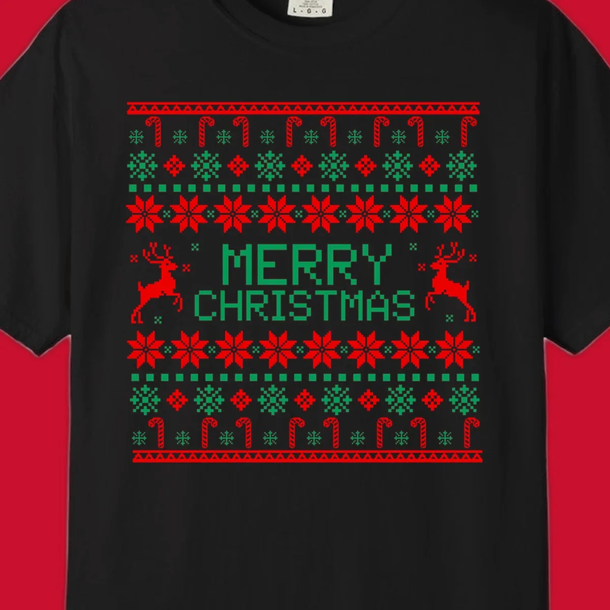 Ugly Christmas sweater style pattern with MERRY CHRISTMAS text, reindeer, snowflakes, and candy canes.