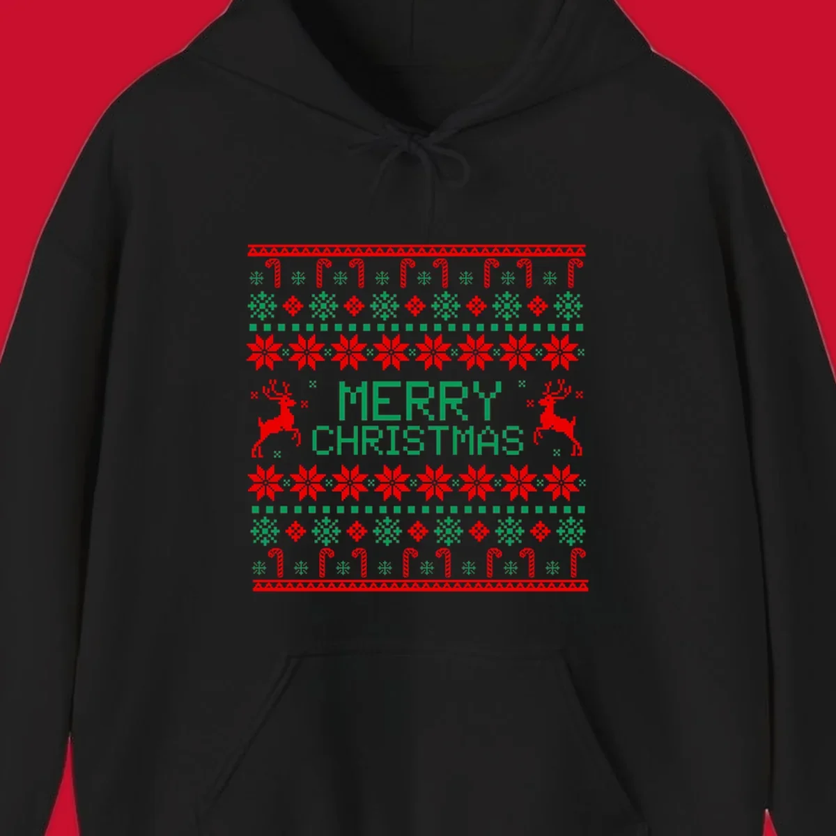 Ugly Christmas sweater style pattern with MERRY CHRISTMAS text, reindeer, snowflakes, and candy canes.