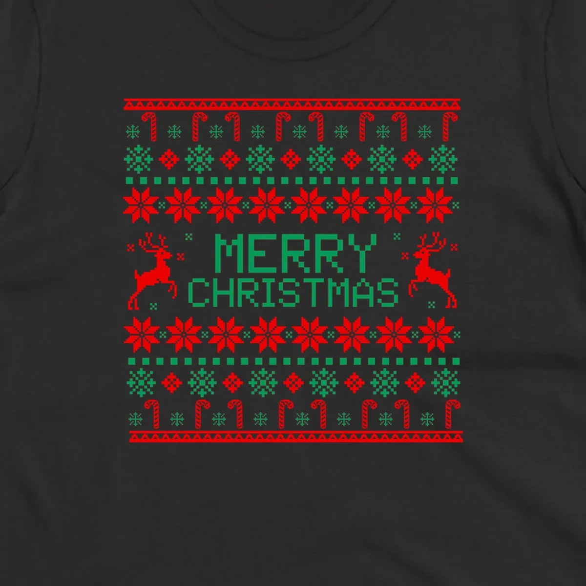 Ugly Christmas sweater style pattern with MERRY CHRISTMAS text, reindeer, snowflakes, and candy canes.