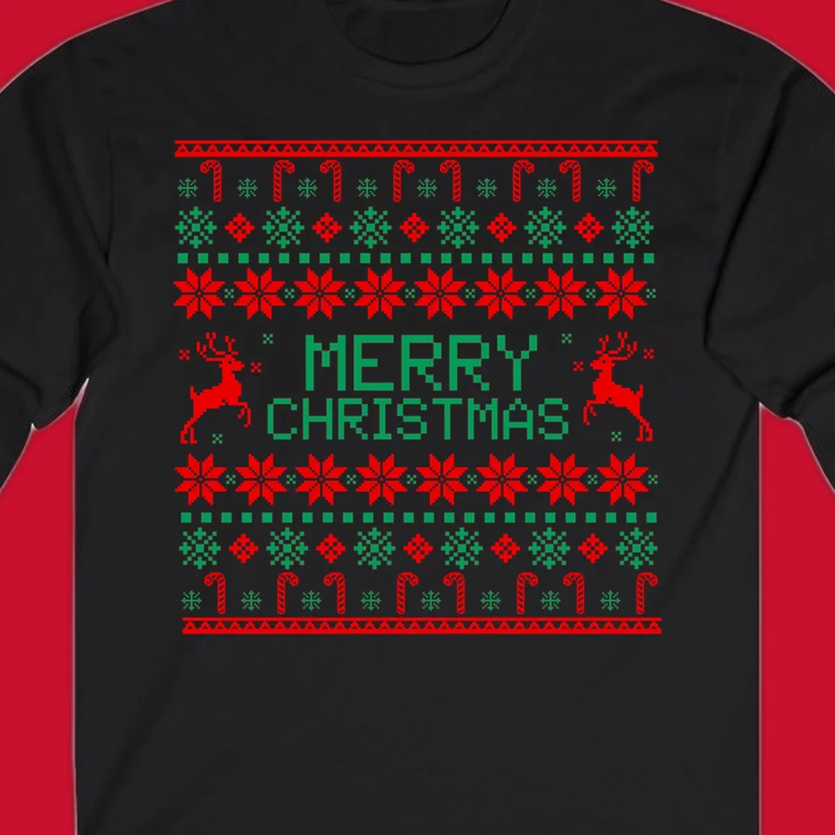 Ugly Christmas sweater style pattern with MERRY CHRISTMAS text, reindeer, snowflakes, and candy canes.
