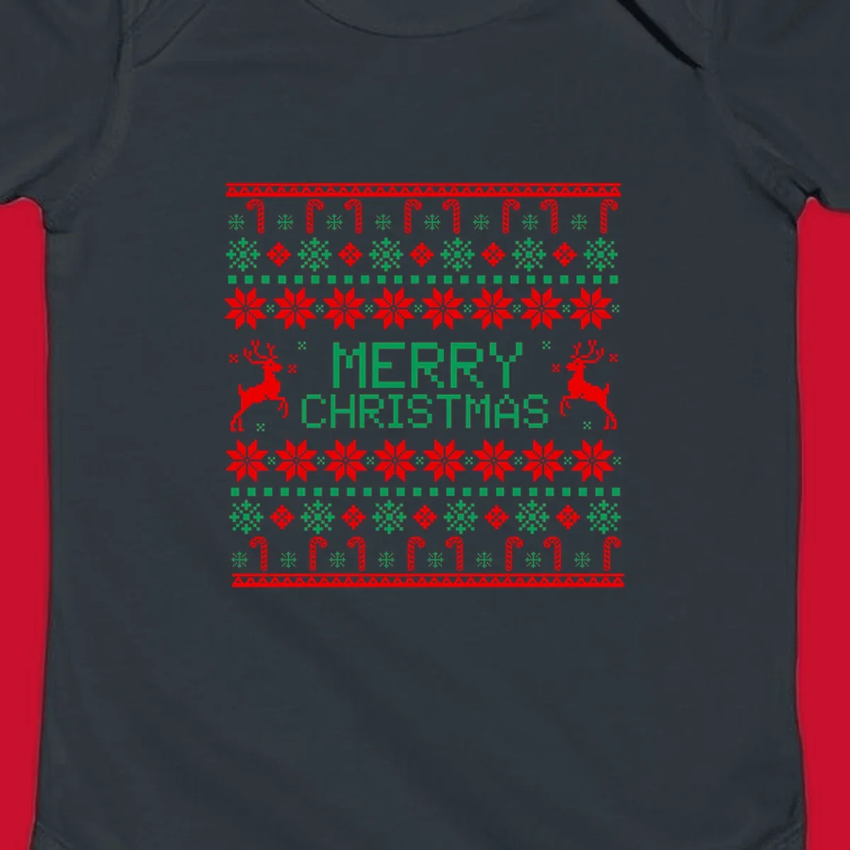 Ugly Christmas sweater style pattern with MERRY CHRISTMAS text, reindeer, snowflakes, and candy canes.