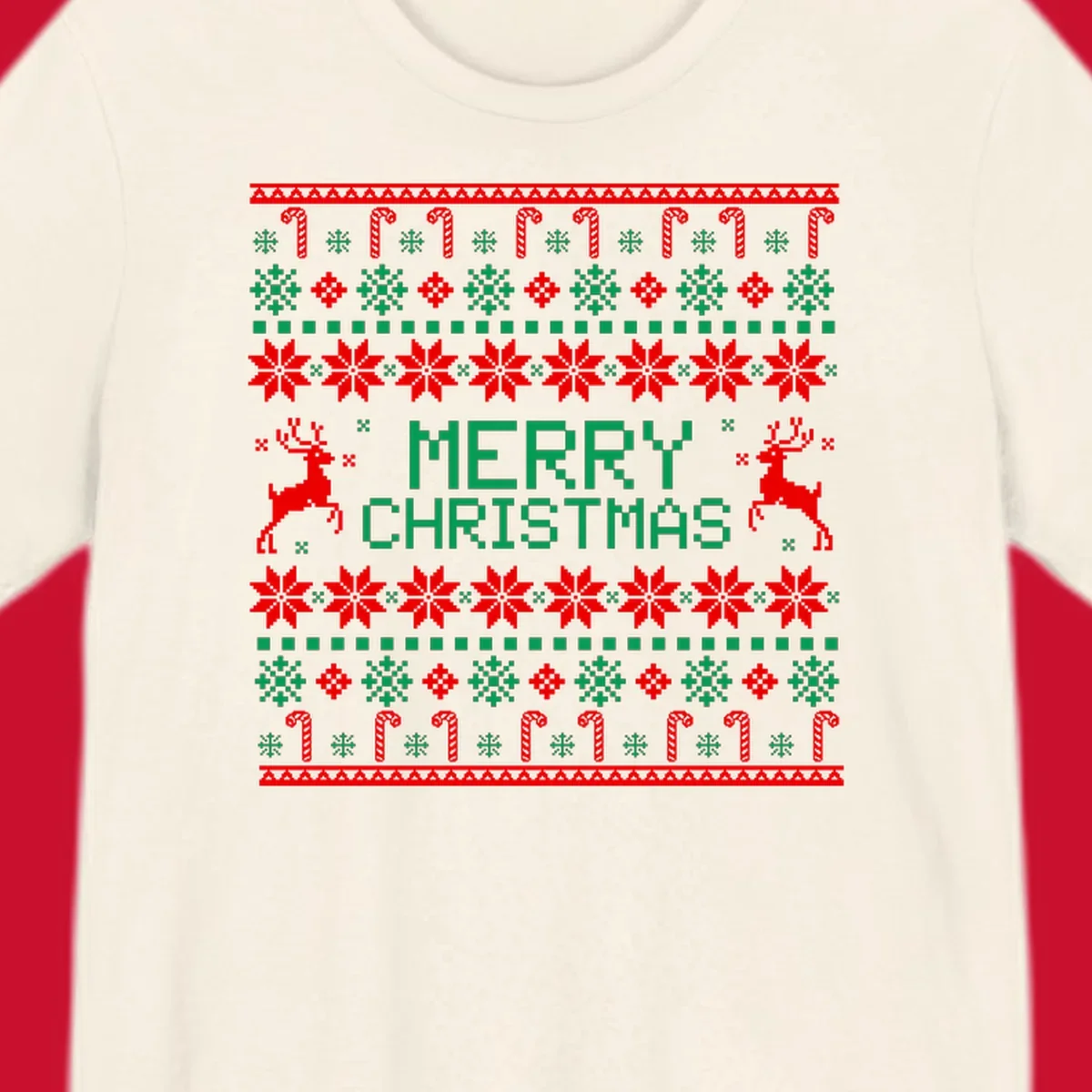 Ugly Christmas sweater style pattern with MERRY CHRISTMAS text, reindeer, snowflakes, and candy canes.