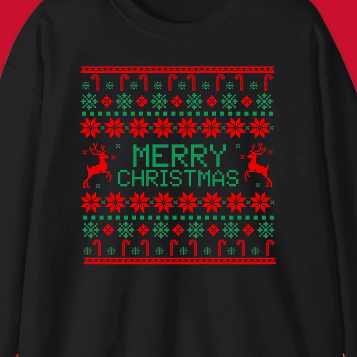 Ugly Christmas sweater style pattern with MERRY CHRISTMAS text, reindeer, snowflakes, and candy canes.