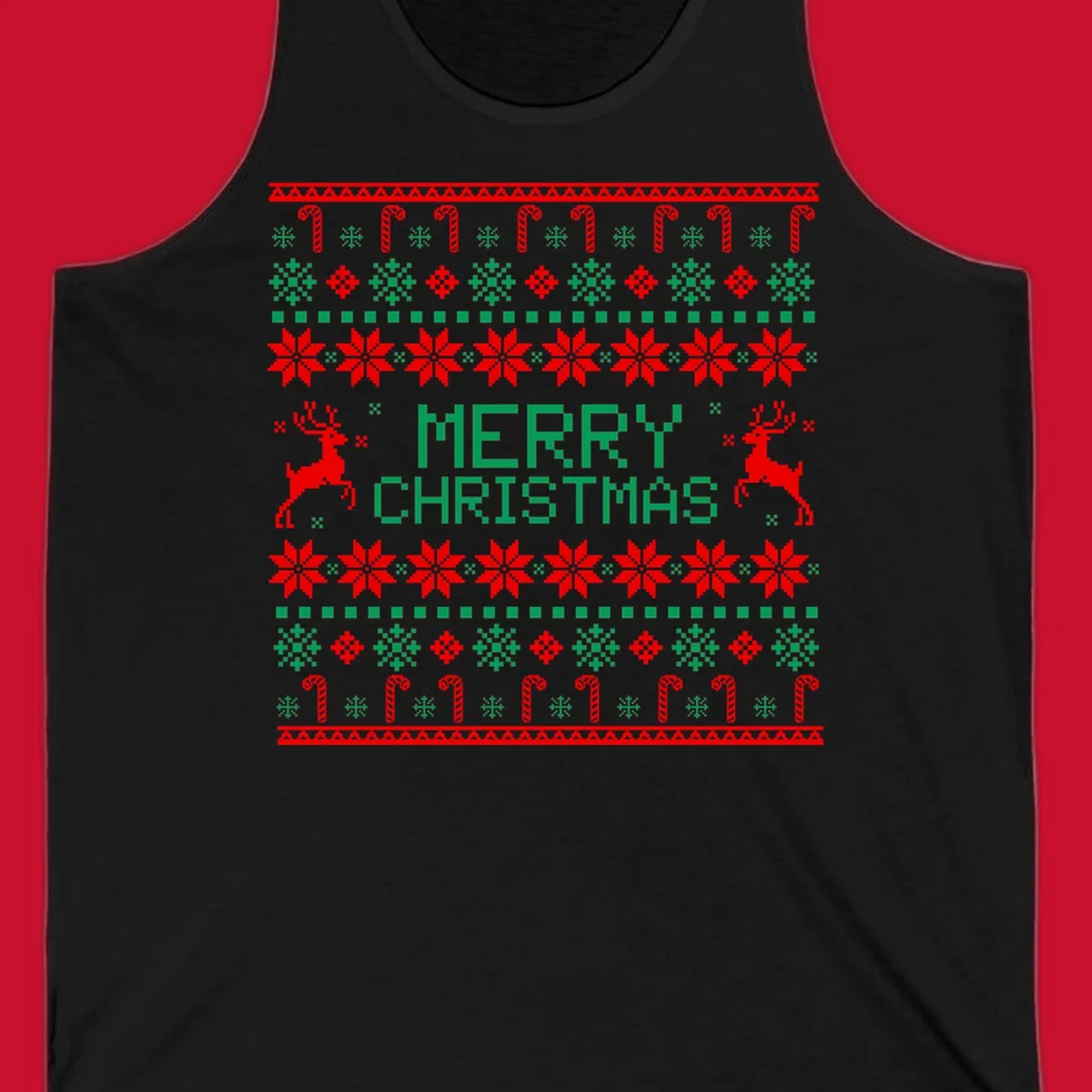 Ugly Christmas sweater style pattern with MERRY CHRISTMAS text, reindeer, snowflakes, and candy canes.