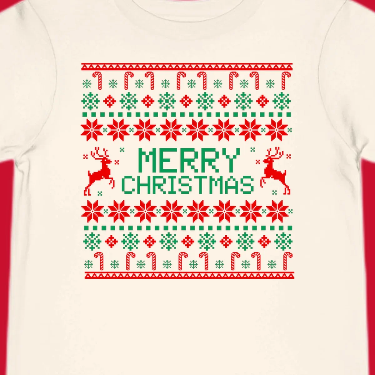 Ugly Christmas sweater style pattern with MERRY CHRISTMAS text, reindeer, snowflakes, and candy canes.