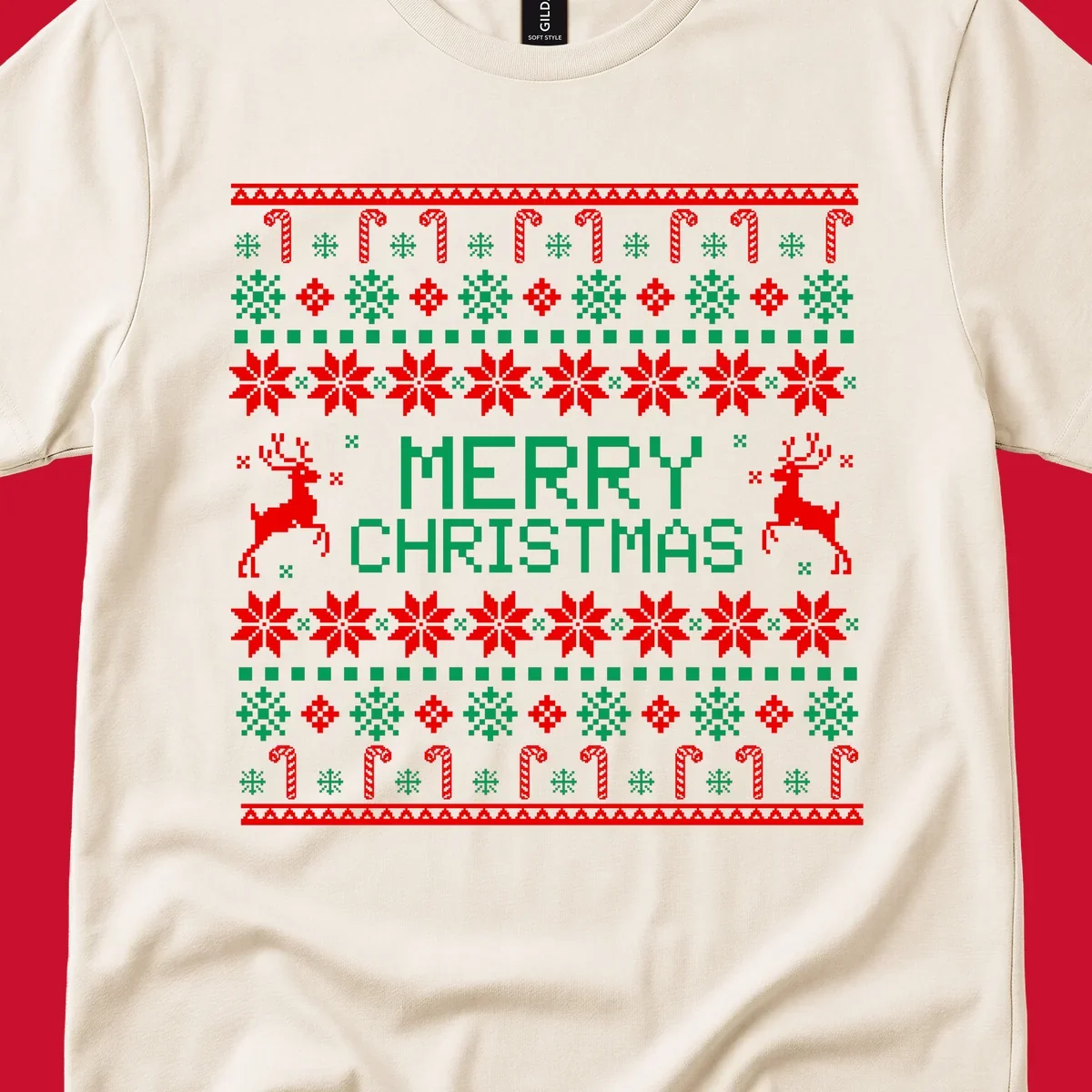 Ugly Christmas sweater style pattern with MERRY CHRISTMAS text, reindeer, snowflakes, and candy canes.