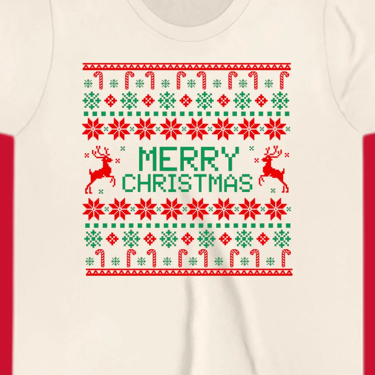 Ugly Christmas sweater style pattern with MERRY CHRISTMAS text, reindeer, snowflakes, and candy canes.