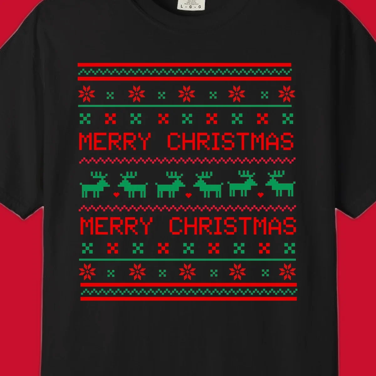 Ugly Christmas reindeer pattern with Merry Christmas text.