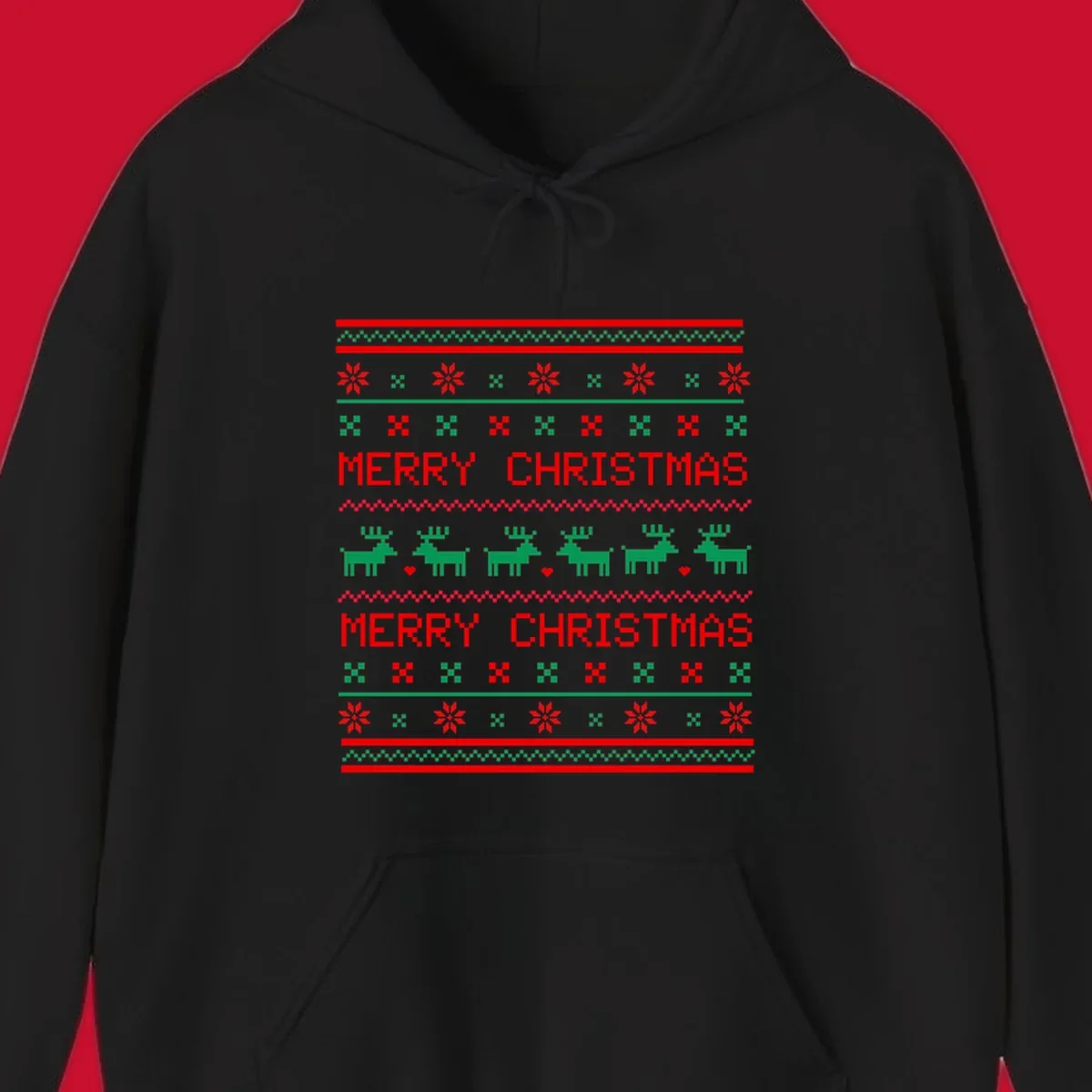 Ugly Christmas reindeer pattern with Merry Christmas text.