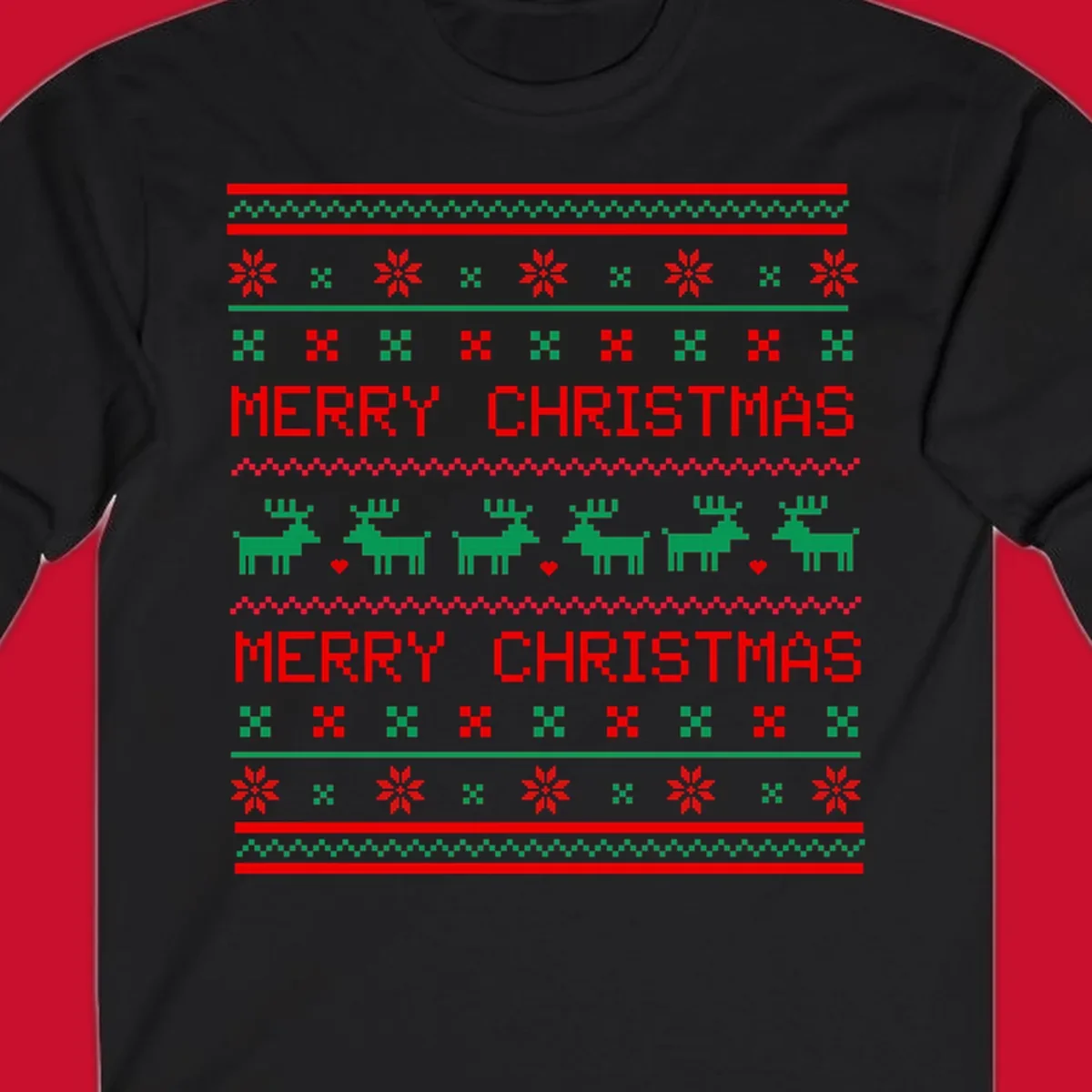 Ugly Christmas reindeer pattern with Merry Christmas text.
