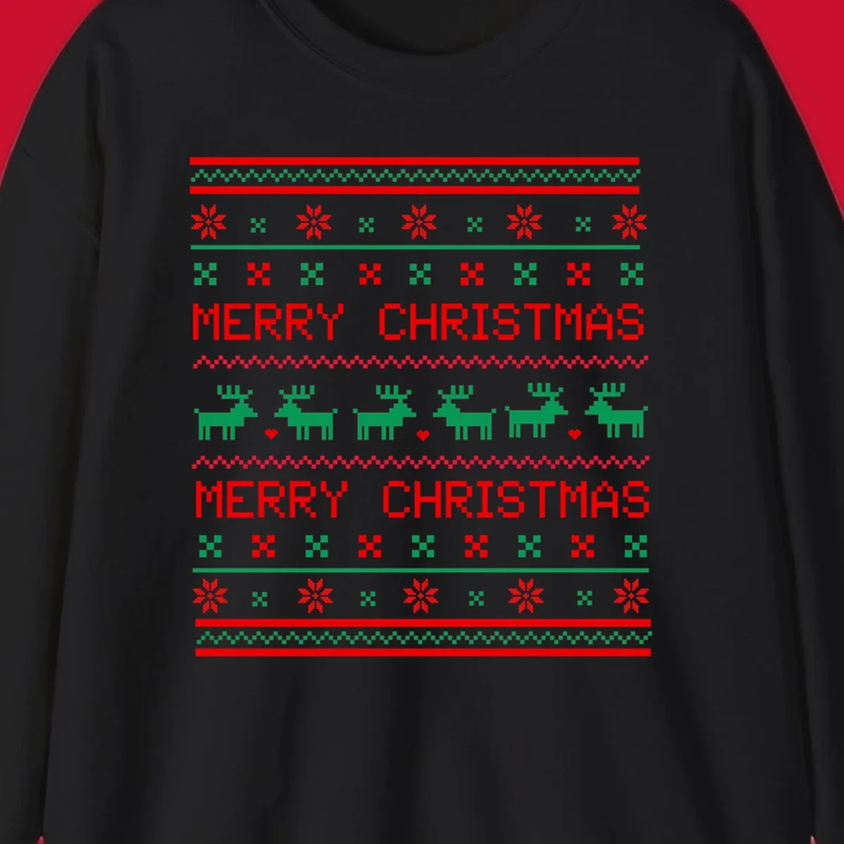 Ugly Christmas reindeer pattern with Merry Christmas text.
