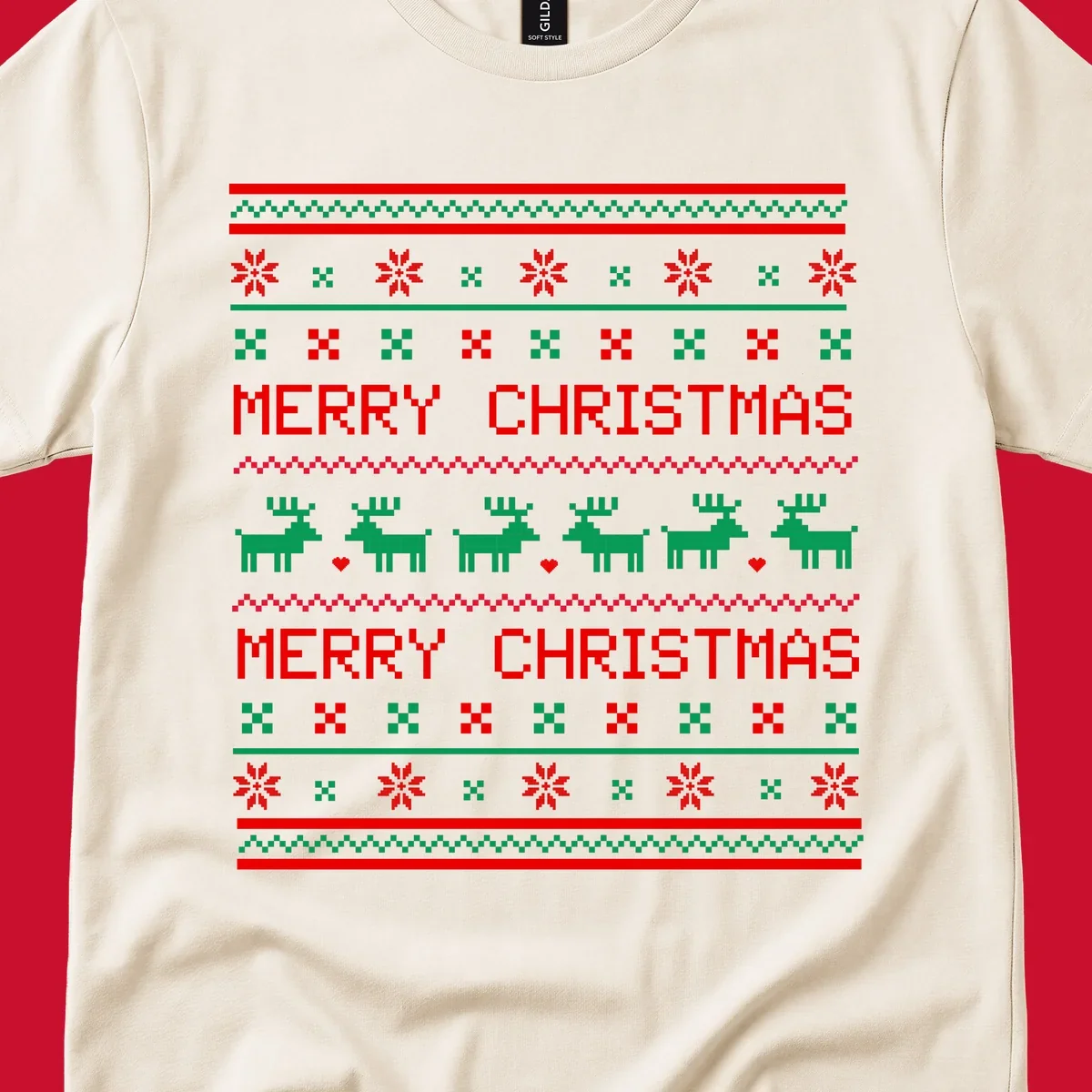Ugly Christmas reindeer pattern with Merry Christmas text.