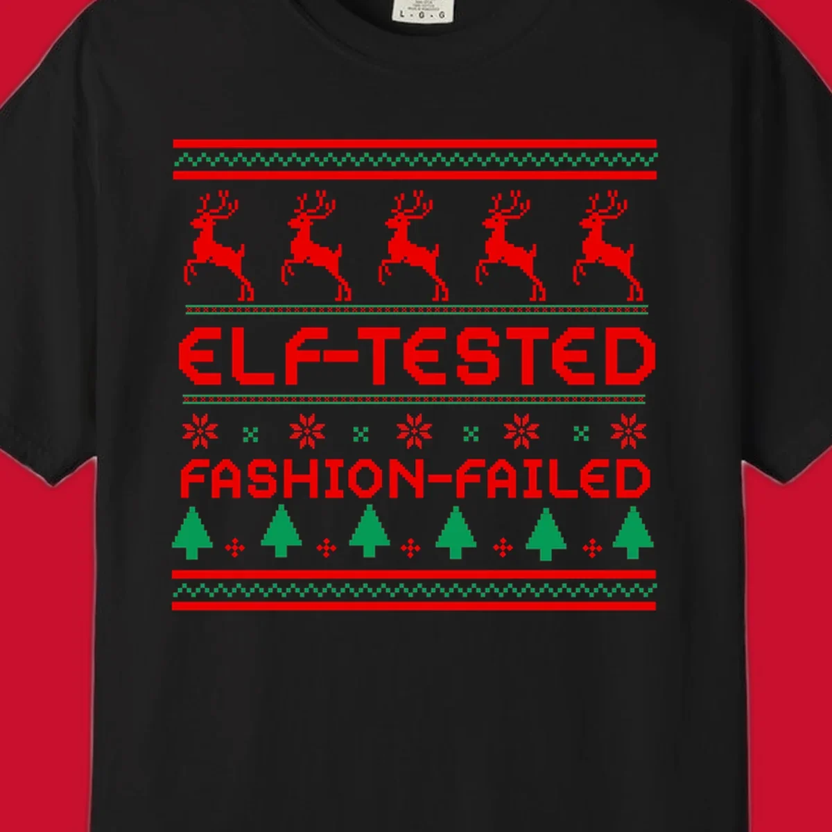 Elf-tested fashion-failed ugly christmas design with reindeer and trees.