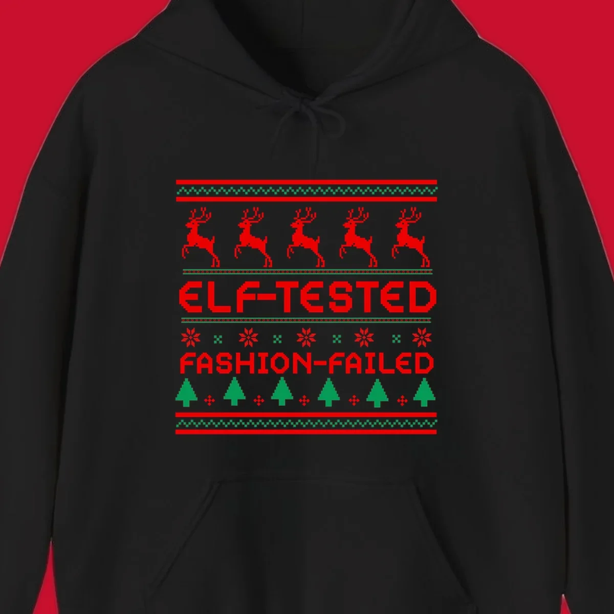Elf-tested fashion-failed ugly christmas design with reindeer and trees.