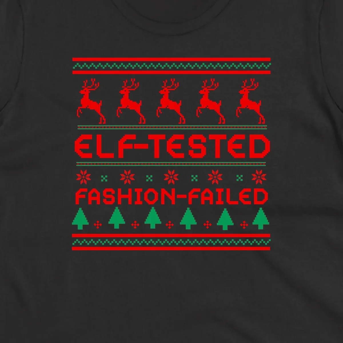 Elf-tested fashion-failed ugly christmas design with reindeer and trees.