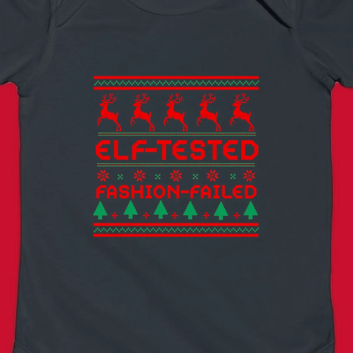 Elf-tested fashion-failed ugly christmas design with reindeer and trees.