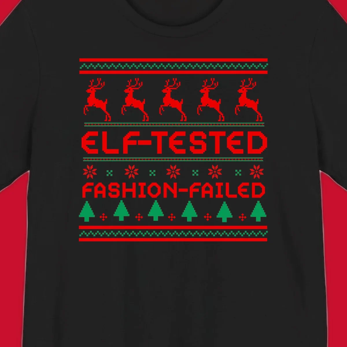 Elf-tested fashion-failed ugly christmas design with reindeer and trees.