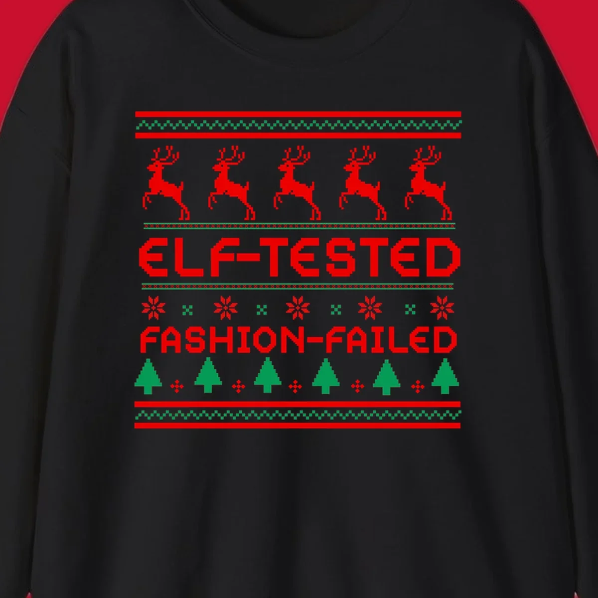 Elf-tested fashion-failed ugly christmas design with reindeer and trees.