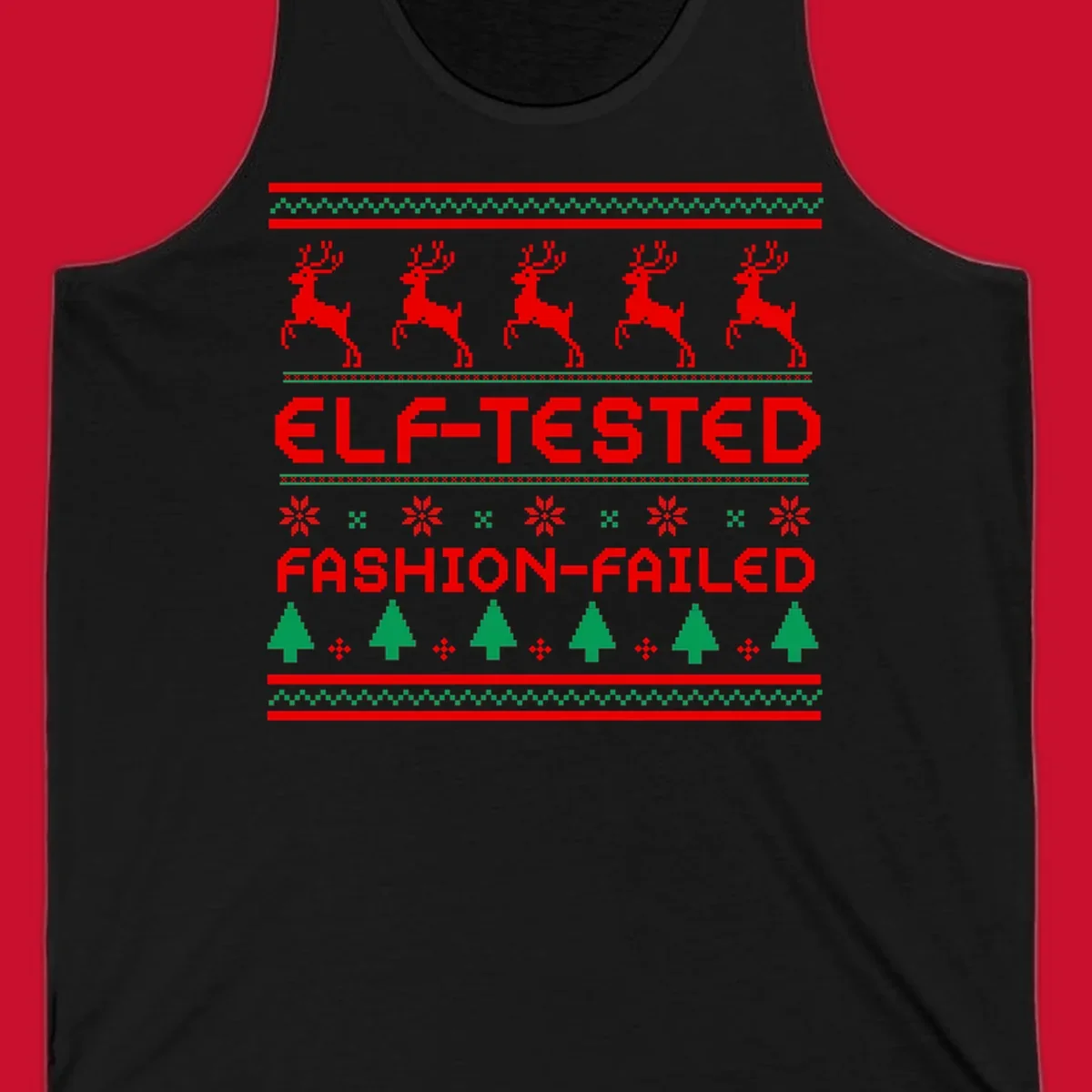 Elf-tested fashion-failed ugly christmas design with reindeer and trees.