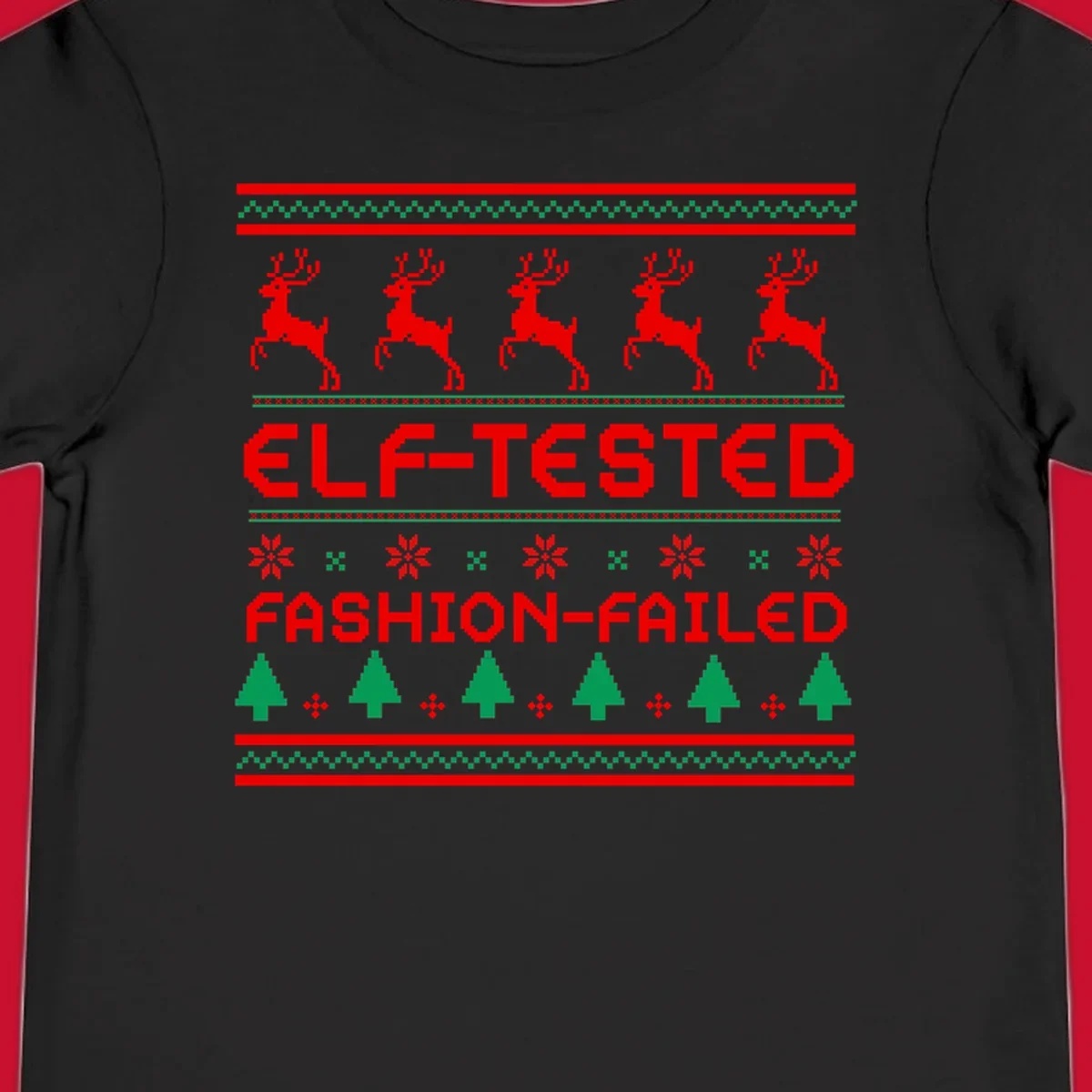 Elf-tested fashion-failed ugly christmas design with reindeer and trees.