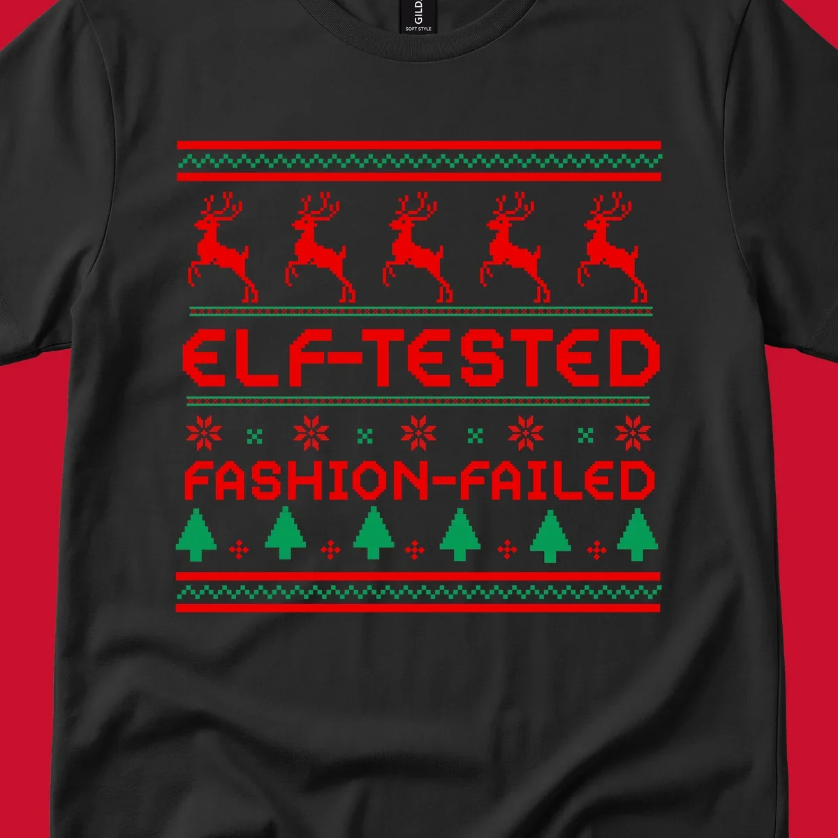 Elf-tested fashion-failed ugly christmas design with reindeer and trees.