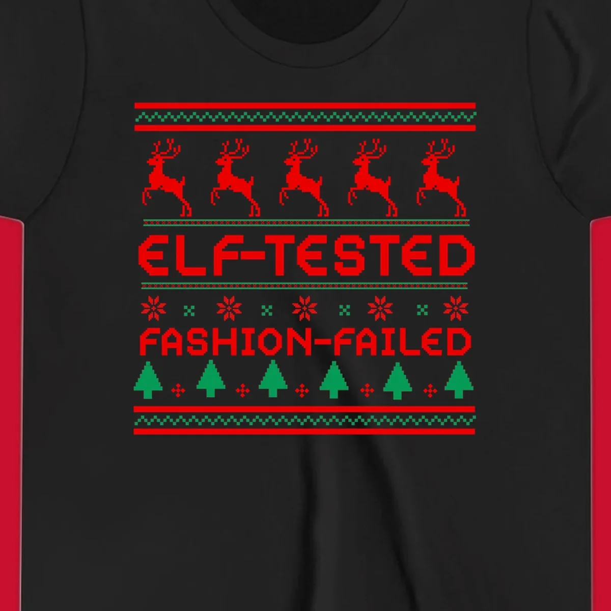 Elf-tested fashion-failed ugly christmas design with reindeer and trees.