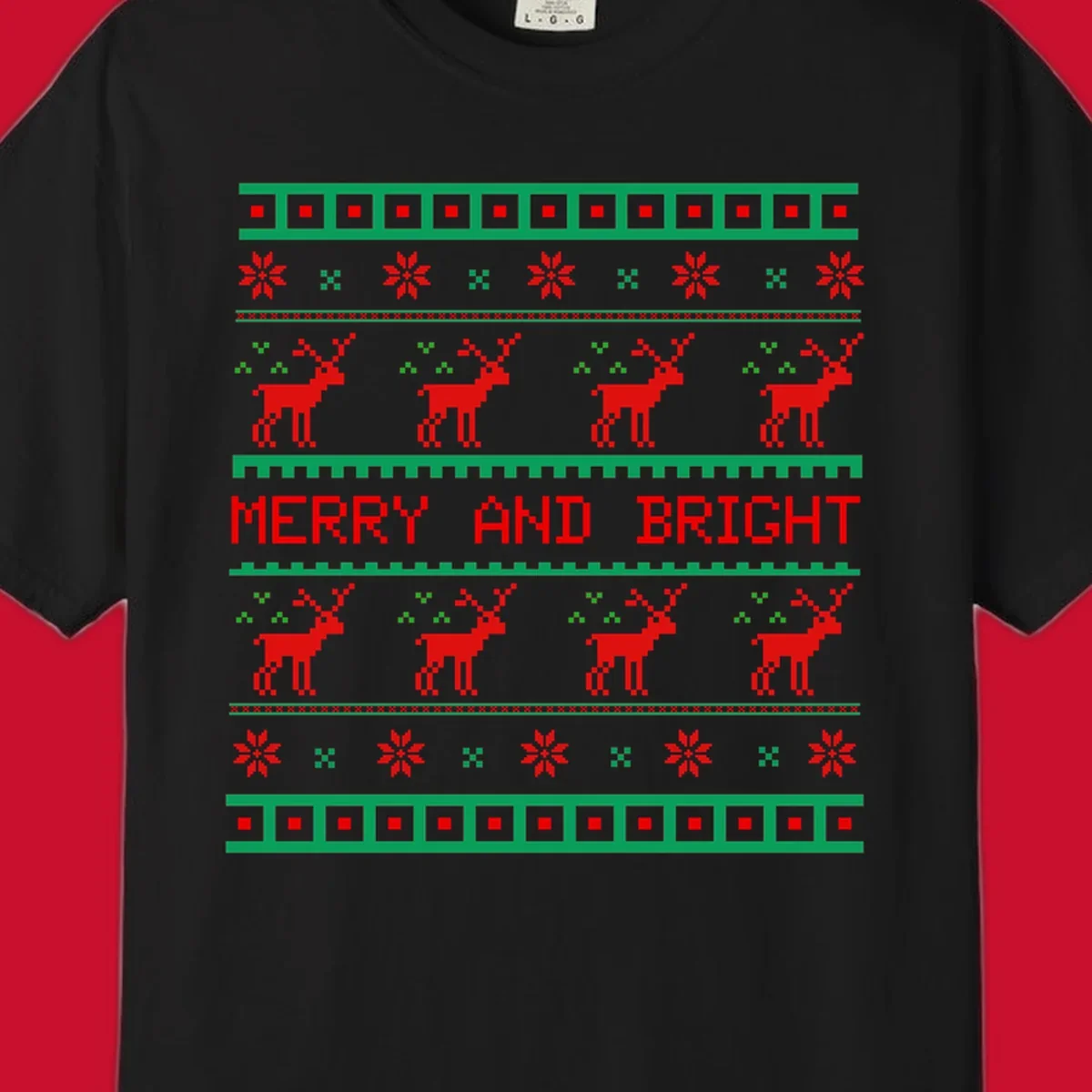 Ugly Christmas sweater pattern with reindeer and 'Merry and Bright' text, red and green on black.