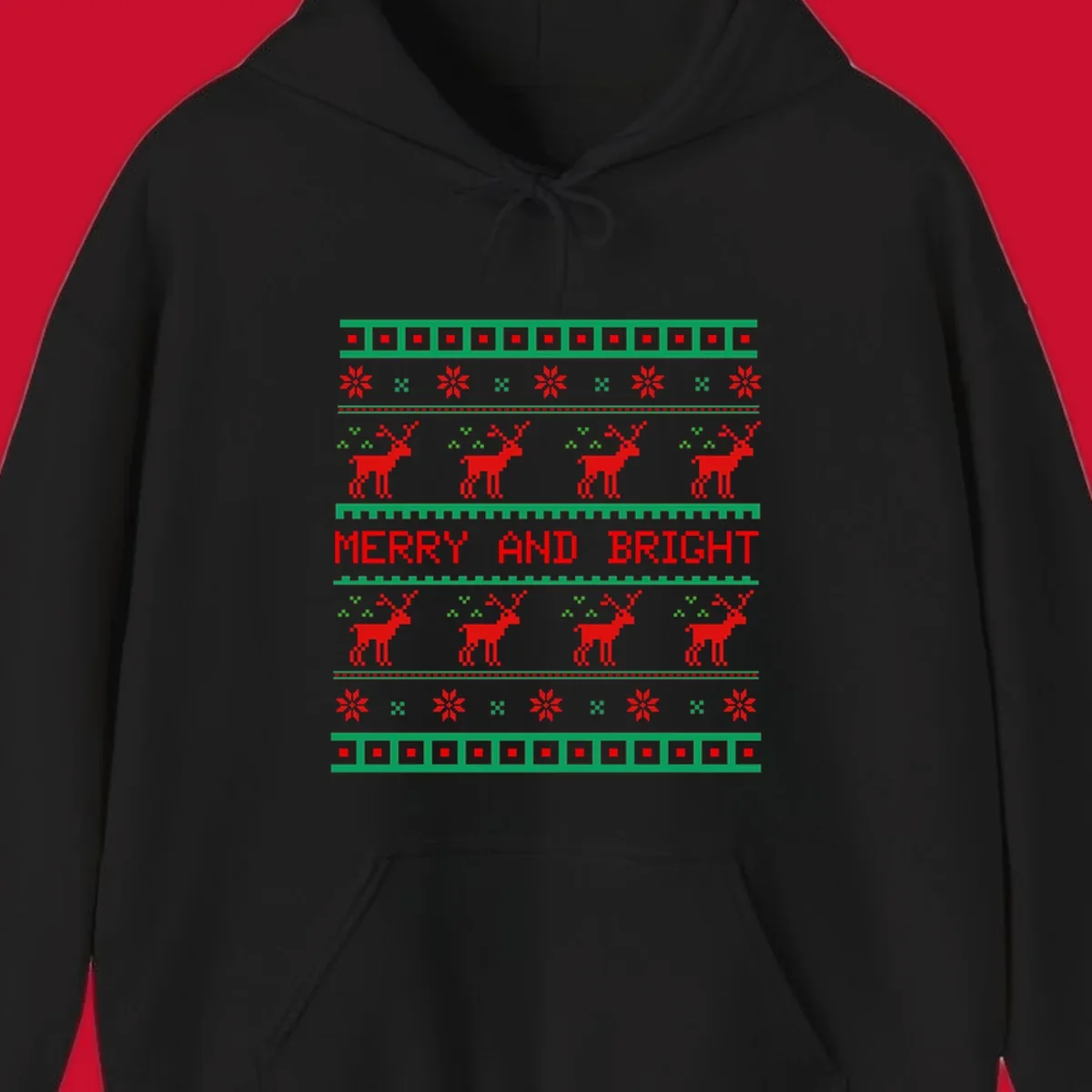 Ugly Christmas sweater pattern with reindeer and 'Merry and Bright' text, red and green on black.