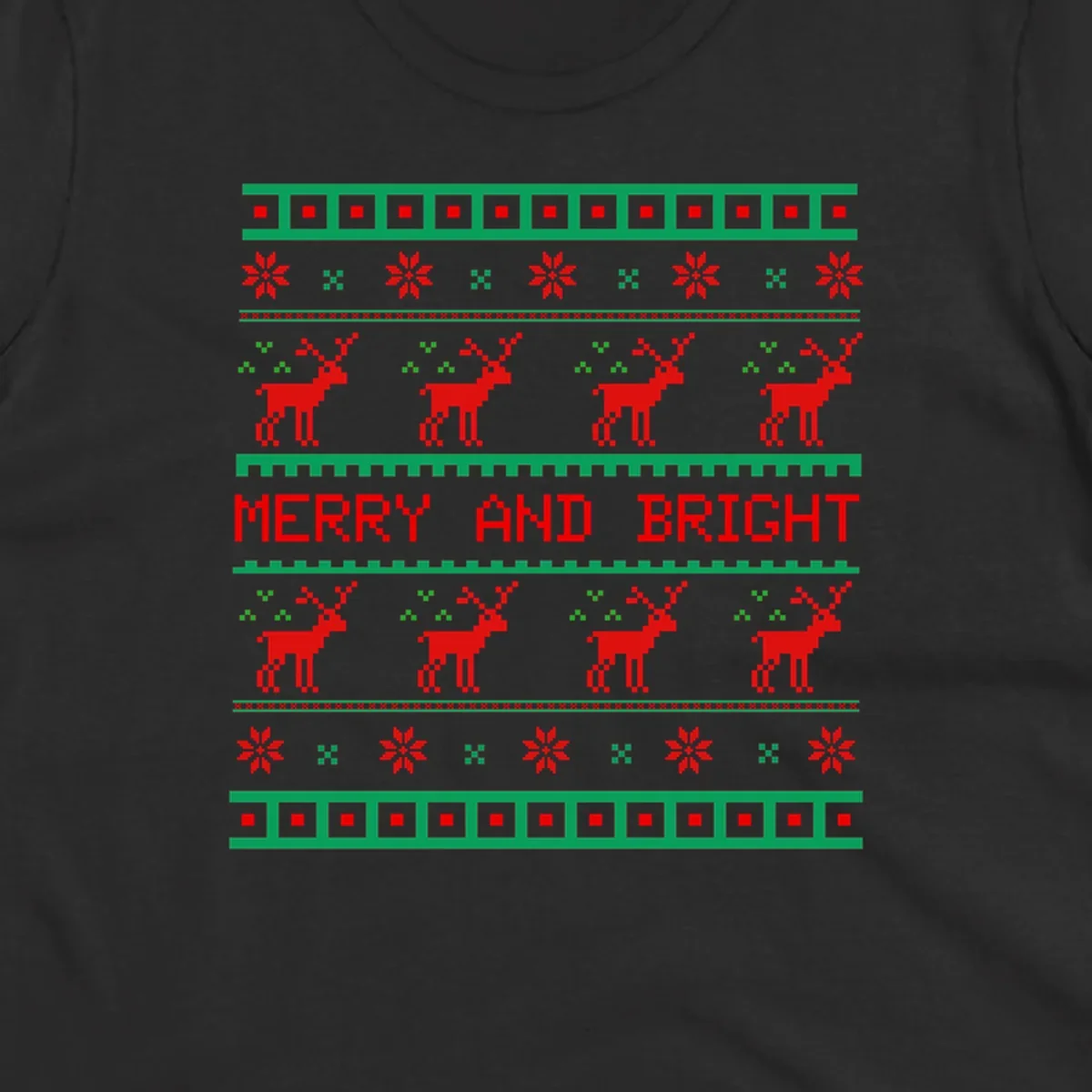 Ugly Christmas sweater pattern with reindeer and 'Merry and Bright' text, red and green on black.