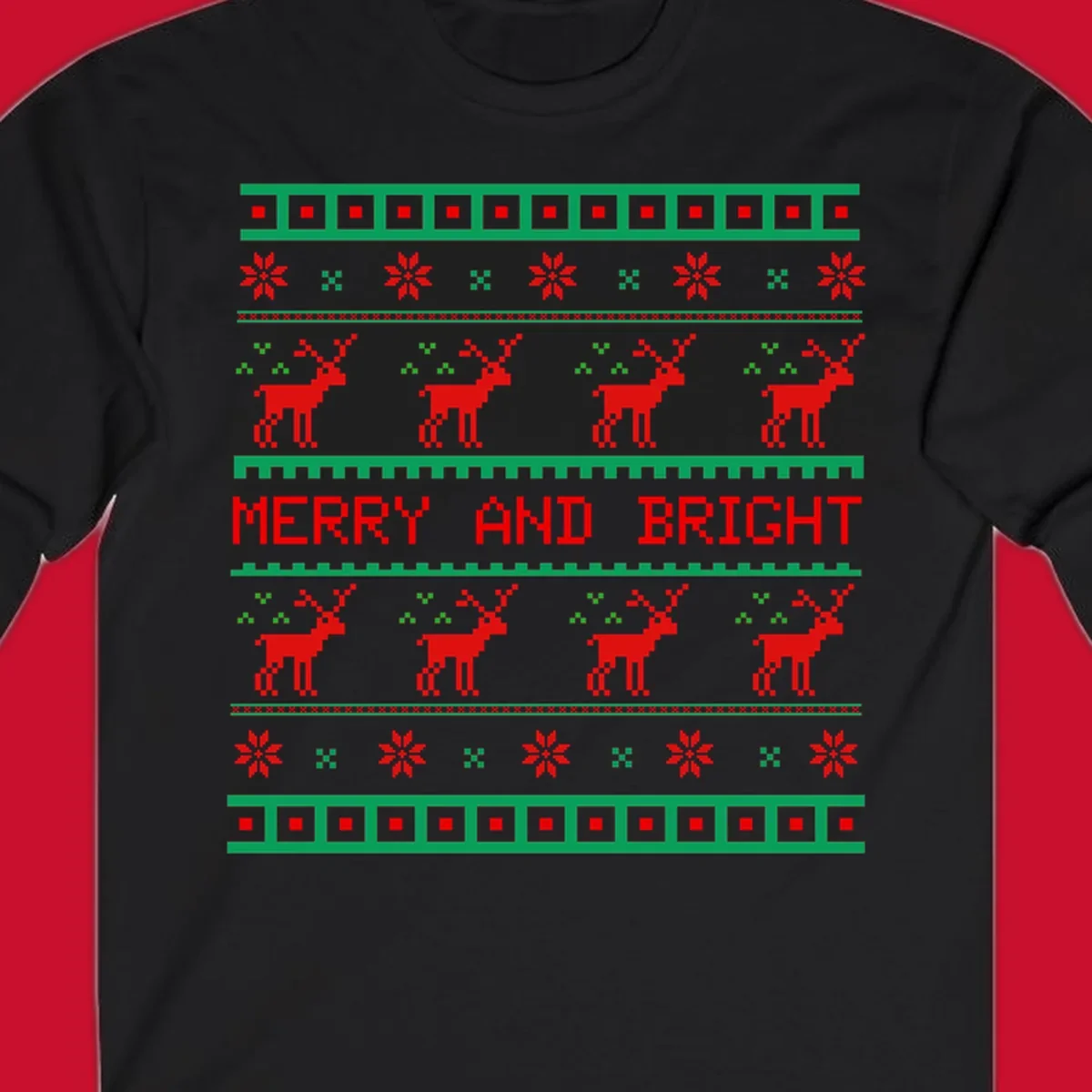 Ugly Christmas sweater pattern with reindeer and 'Merry and Bright' text, red and green on black.