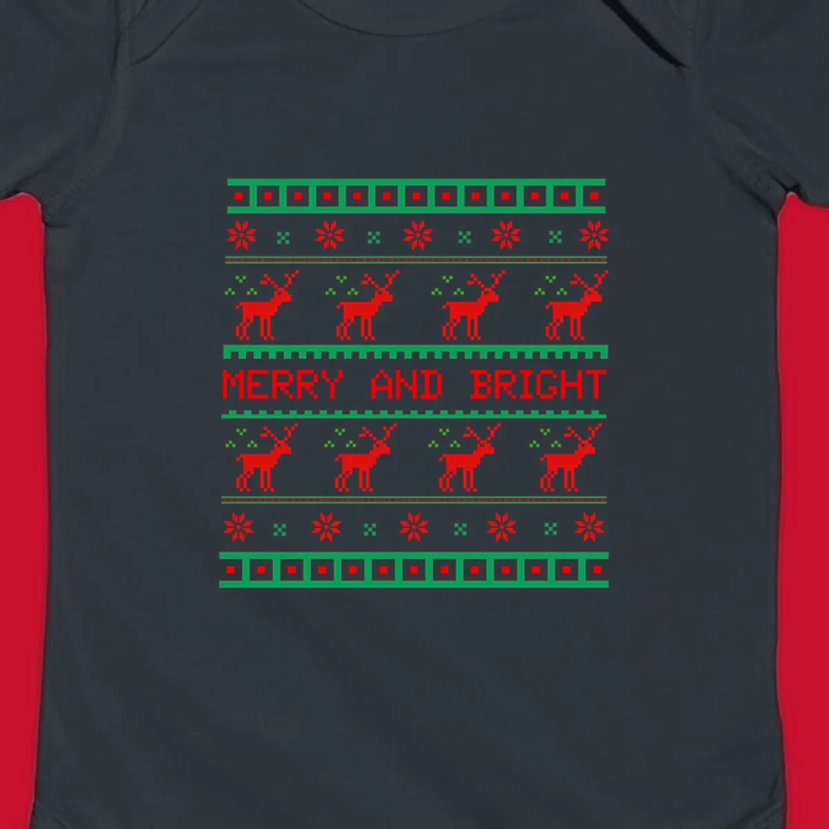 Ugly Christmas sweater pattern with reindeer and 'Merry and Bright' text, red and green on black.