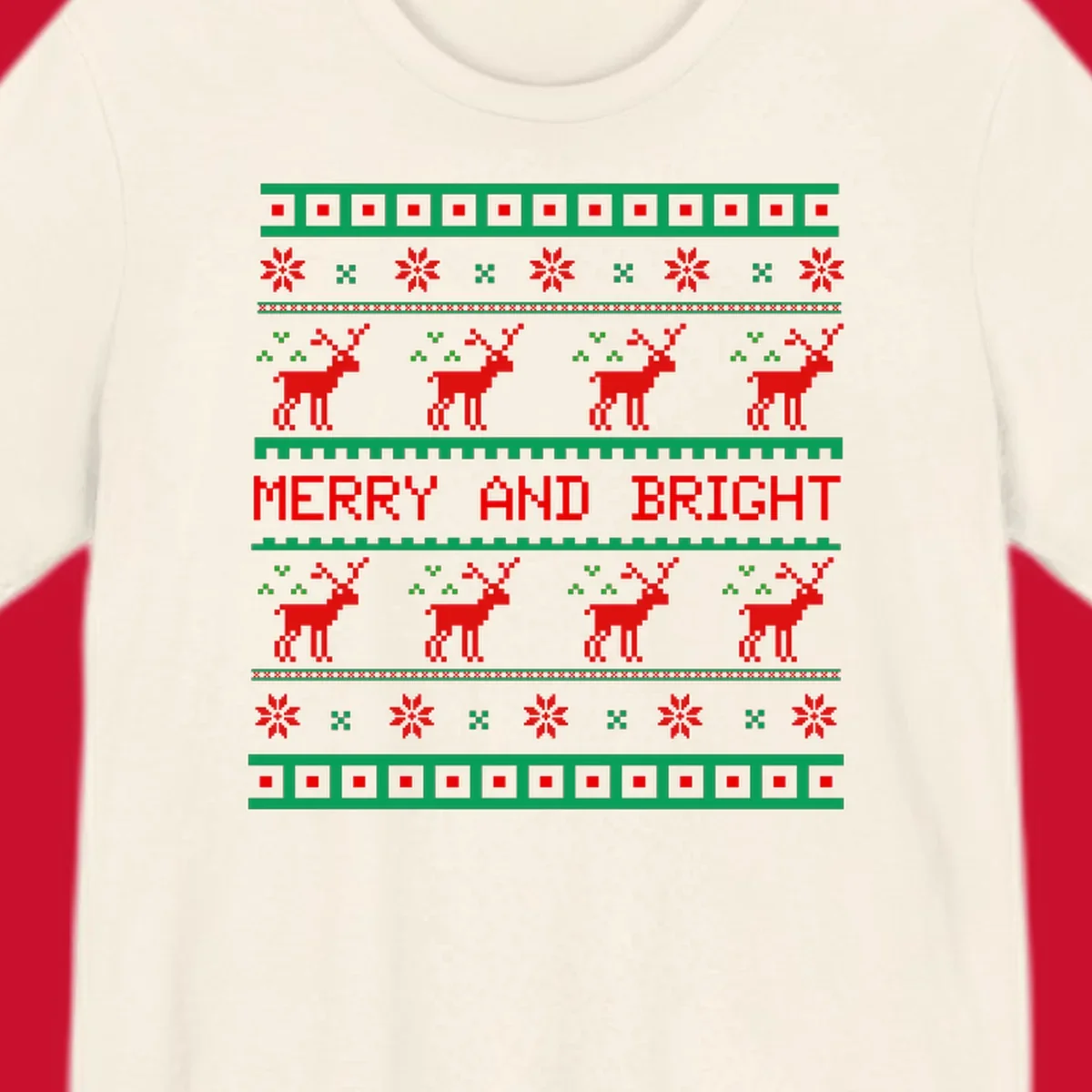 Ugly Christmas sweater pattern with reindeer and 'Merry and Bright' text, red and green on black.