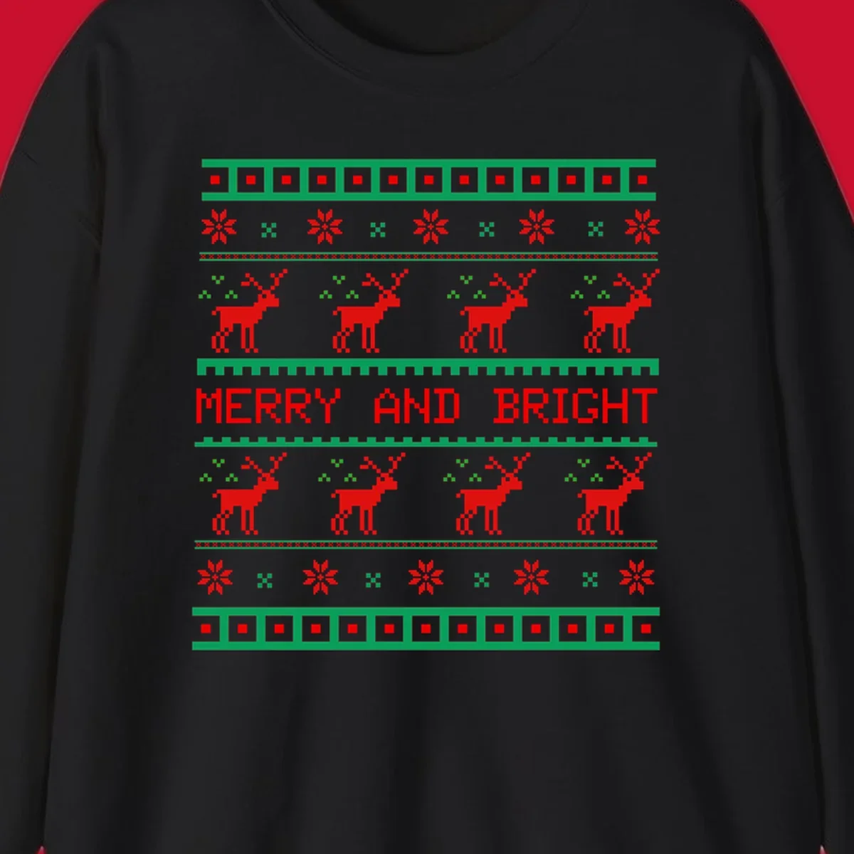 Ugly Christmas sweater pattern with reindeer and 'Merry and Bright' text, red and green on black.