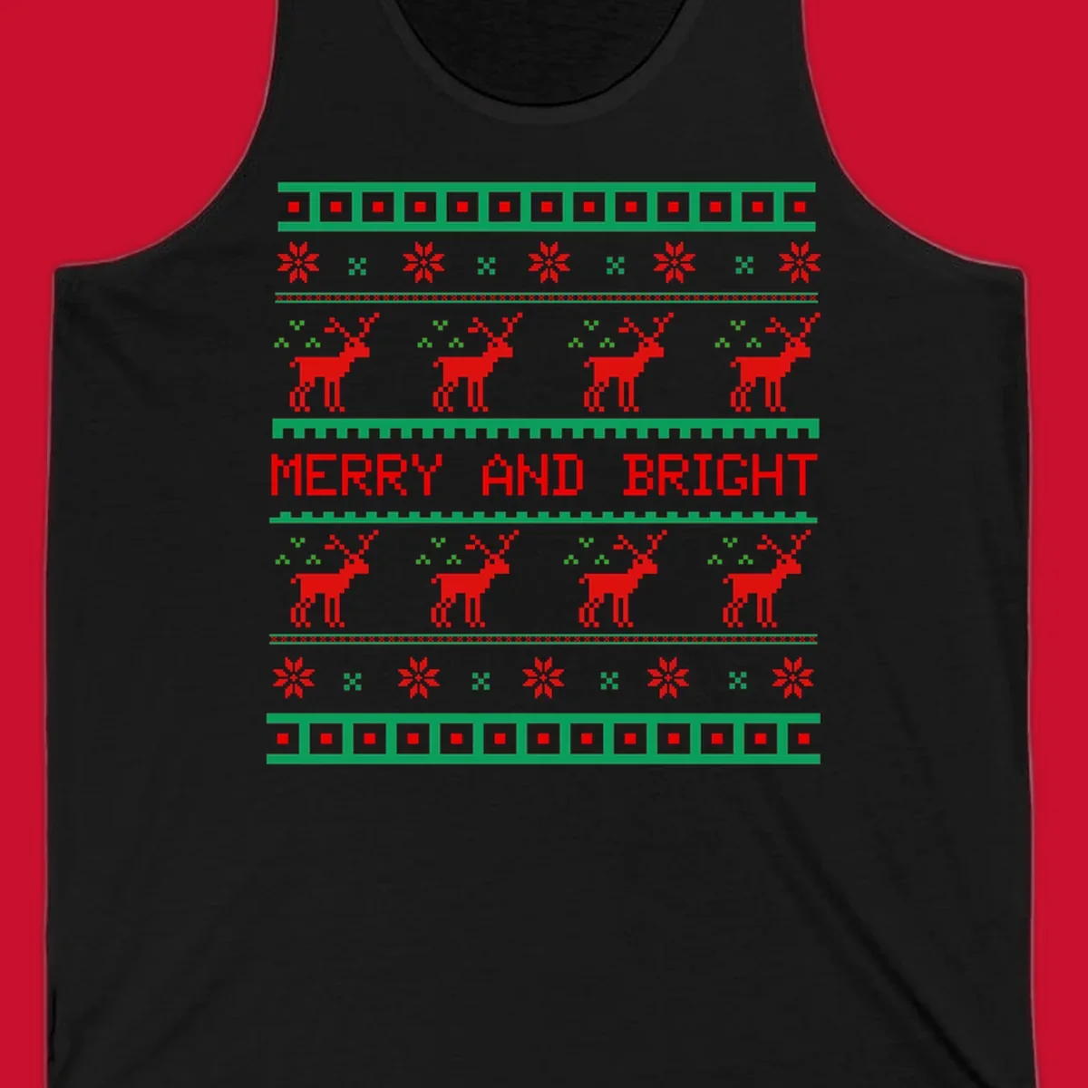 Ugly Christmas sweater pattern with reindeer and 'Merry and Bright' text, red and green on black.