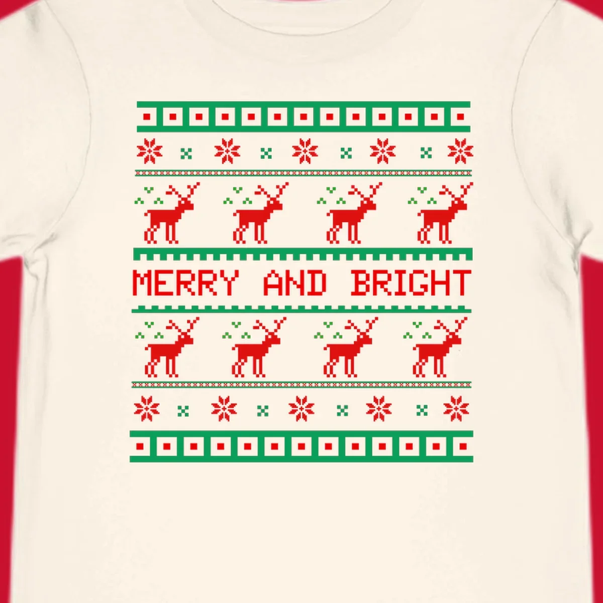 Ugly Christmas sweater pattern with reindeer and 'Merry and Bright' text, red and green on black.