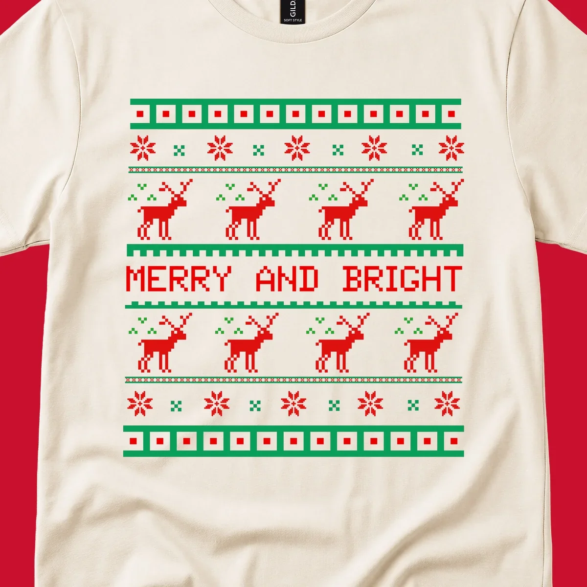 Ugly Christmas sweater pattern with reindeer and 'Merry and Bright' text, red and green on black.