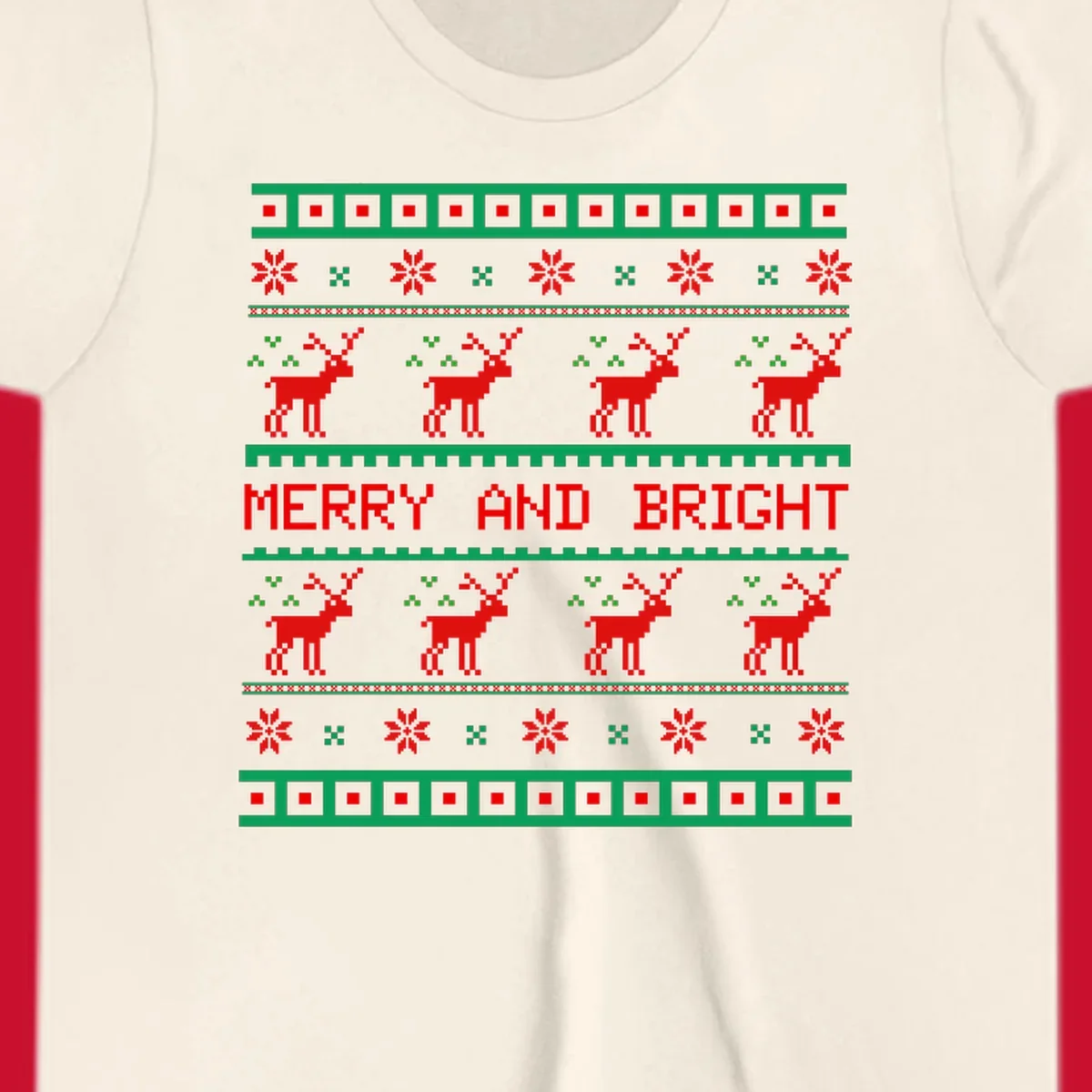 Ugly Christmas sweater pattern with reindeer and 'Merry and Bright' text, red and green on black.