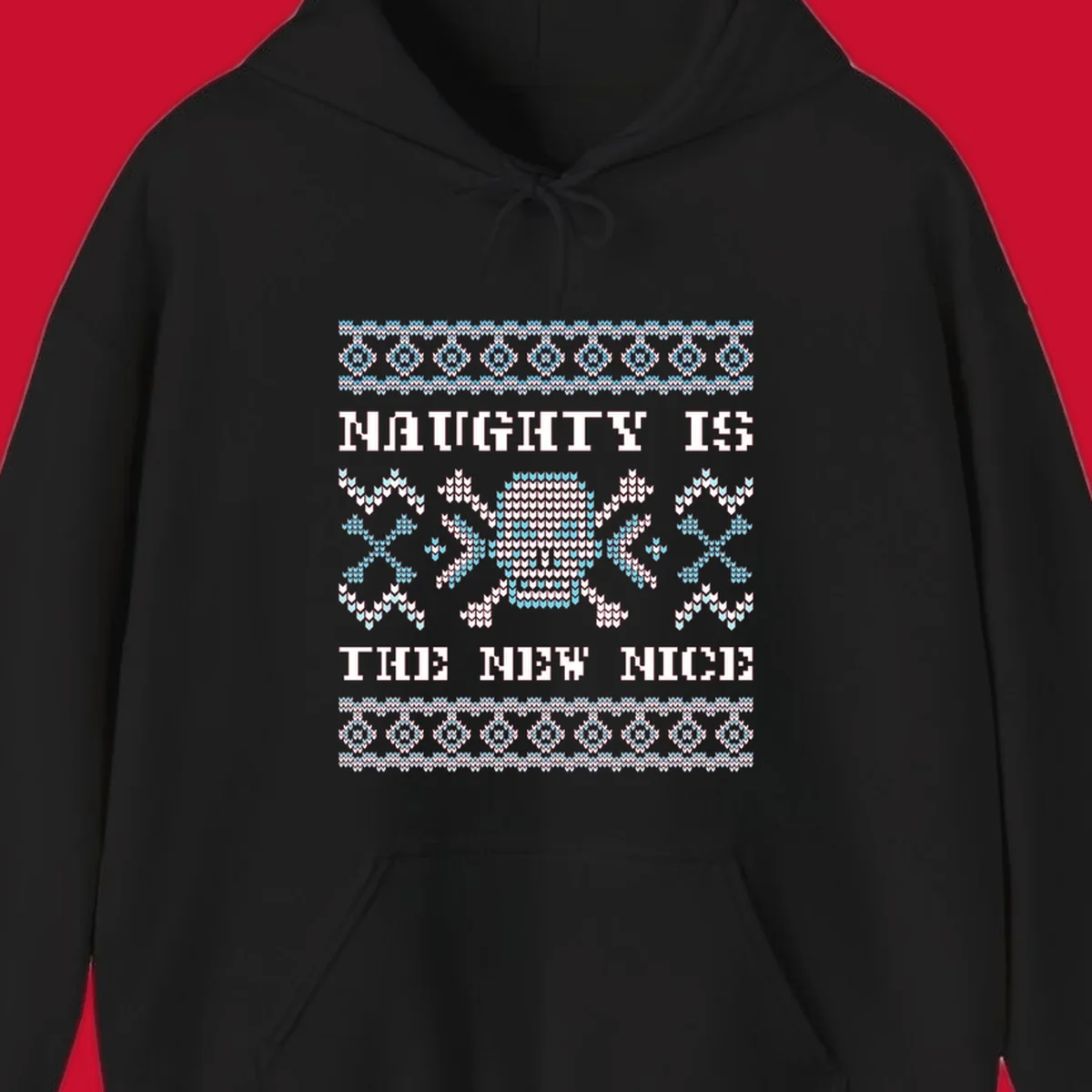 Naughty is the new nice skull and crossbones graphic in blue and white on black.