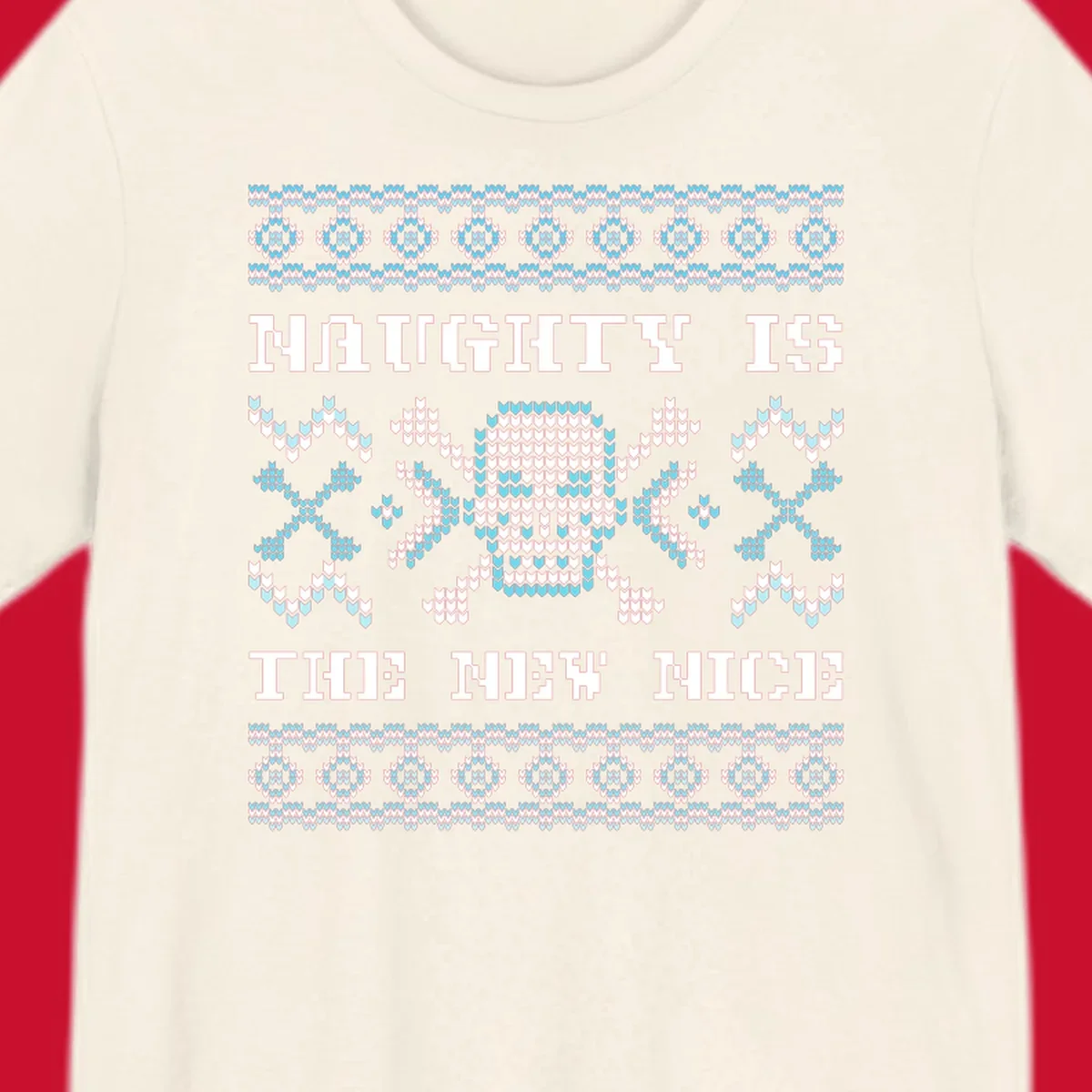 Naughty is the new nice skull and crossbones graphic in blue and white on black.