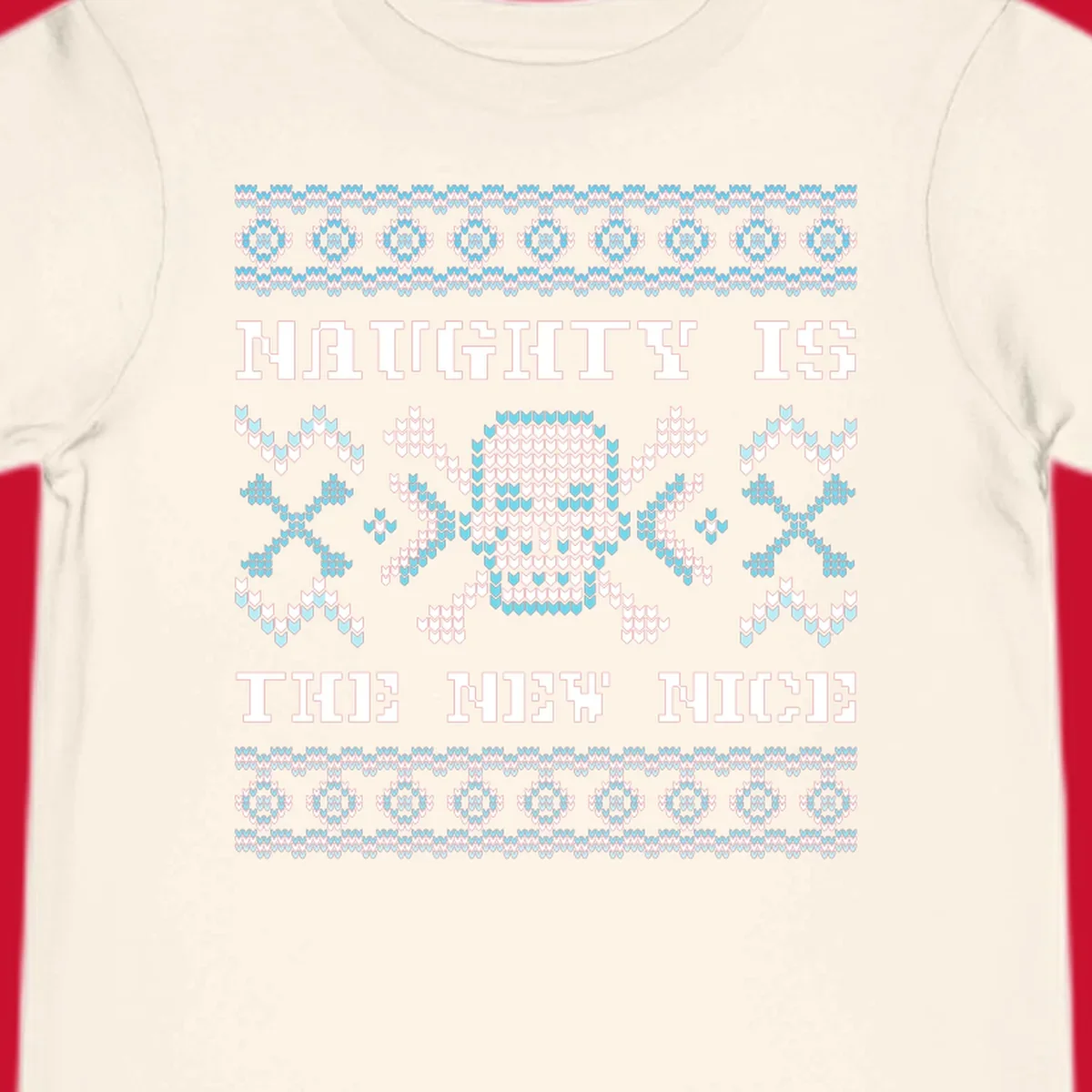 Naughty is the new nice skull and crossbones graphic in blue and white on black.