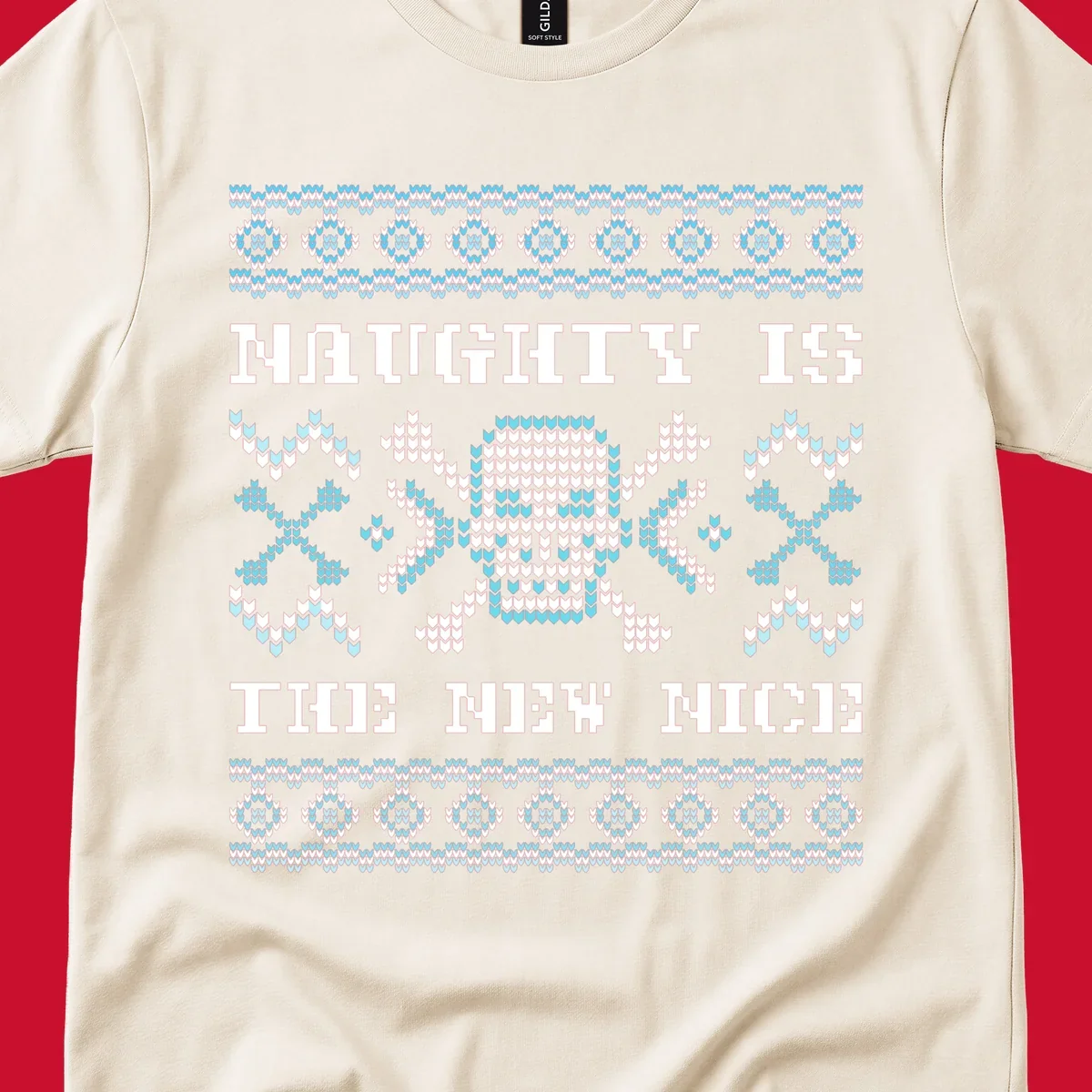 Naughty is the new nice skull and crossbones graphic in blue and white on black.