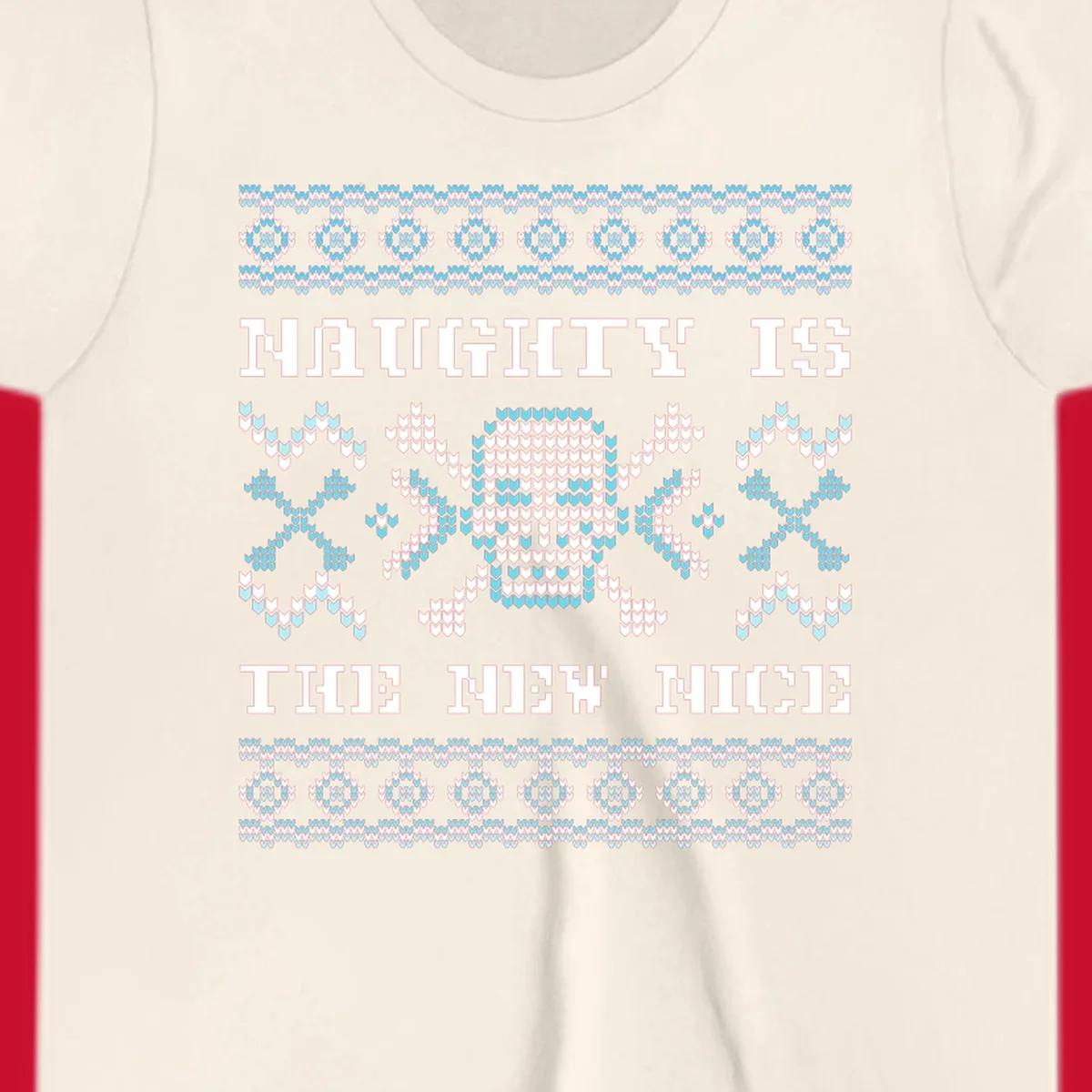 Naughty is the new nice skull and crossbones graphic in blue and white on black.