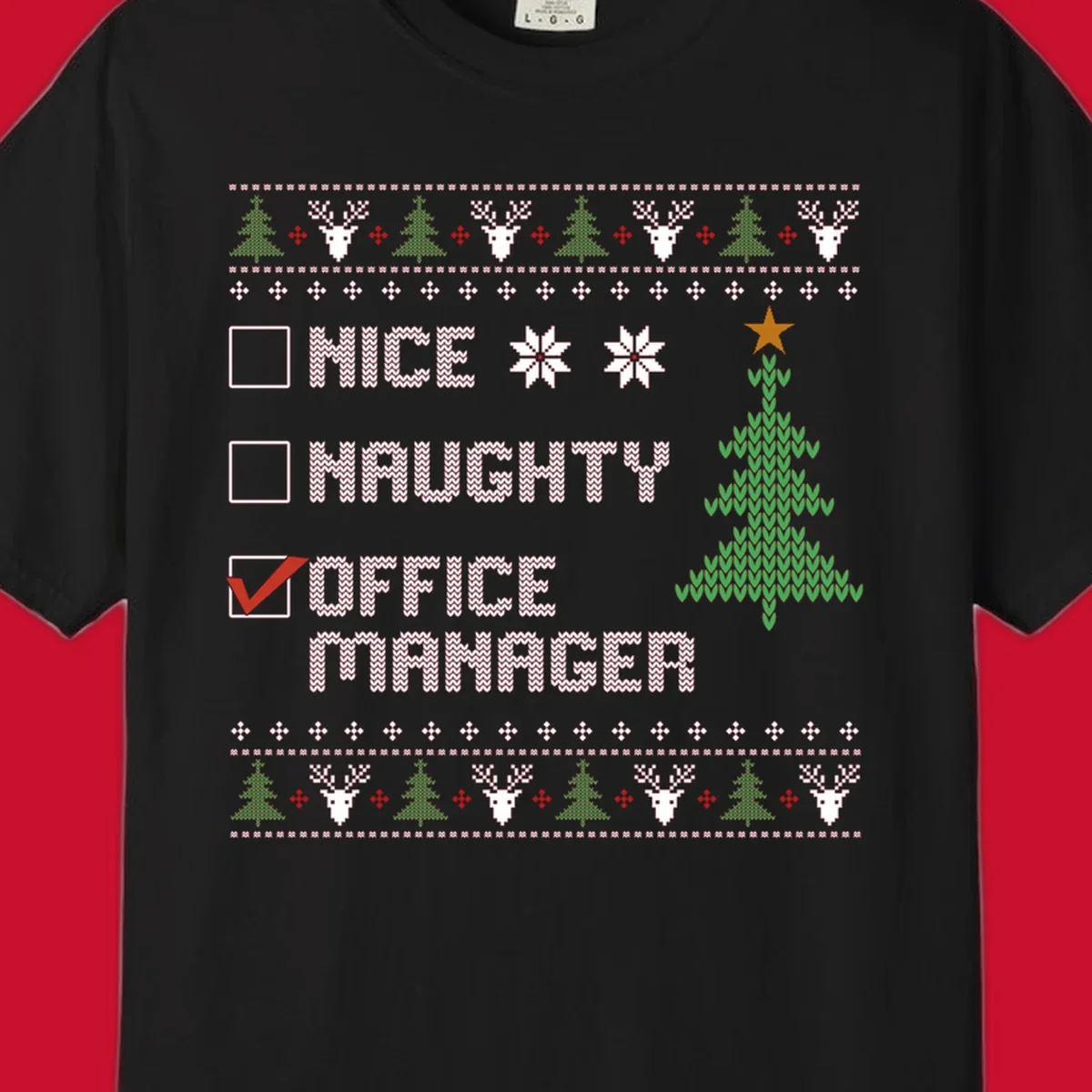 Office manager Christmas checklist design with 'OFFICE MANAGER' checked, featuring a Christmas tree.