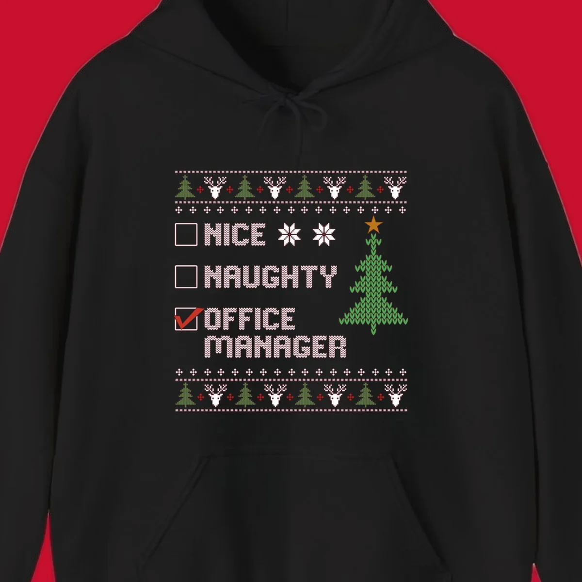Office manager Christmas checklist design with 'OFFICE MANAGER' checked, featuring a Christmas tree.