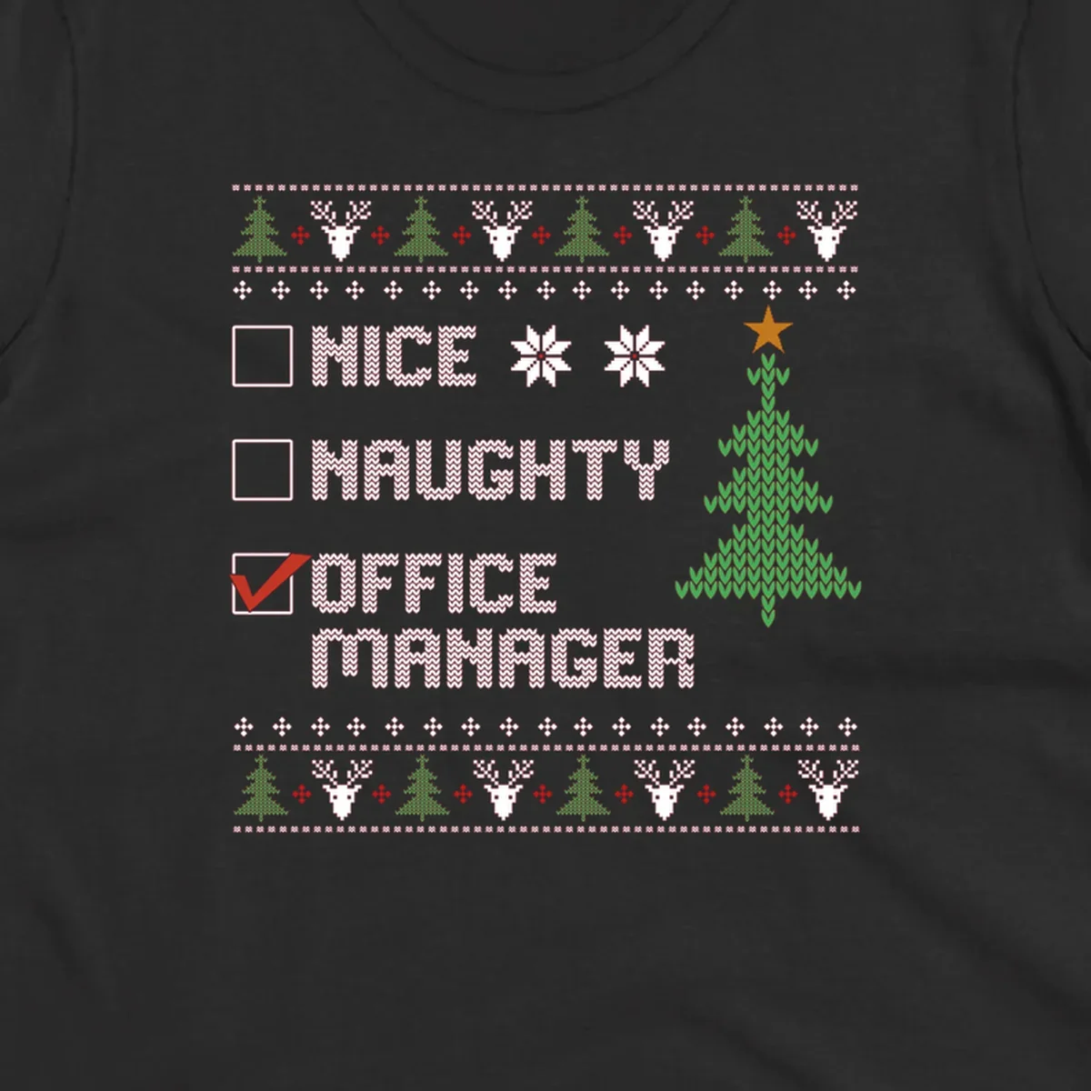 Office manager Christmas checklist design with 'OFFICE MANAGER' checked, featuring a Christmas tree.