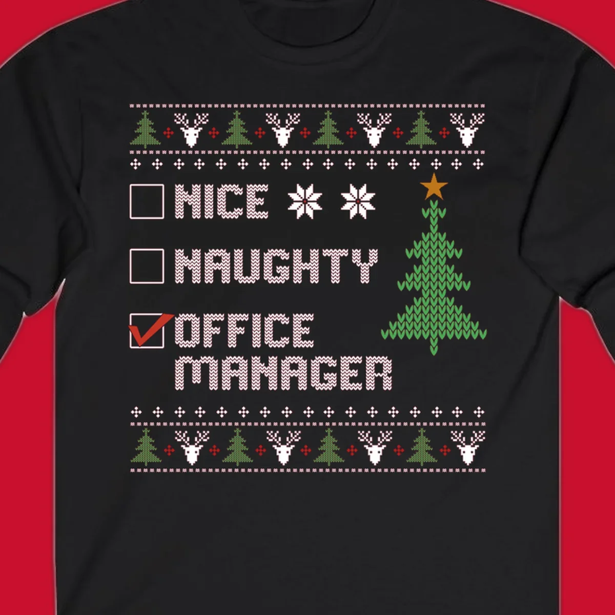Office manager Christmas checklist design with 'OFFICE MANAGER' checked, featuring a Christmas tree.