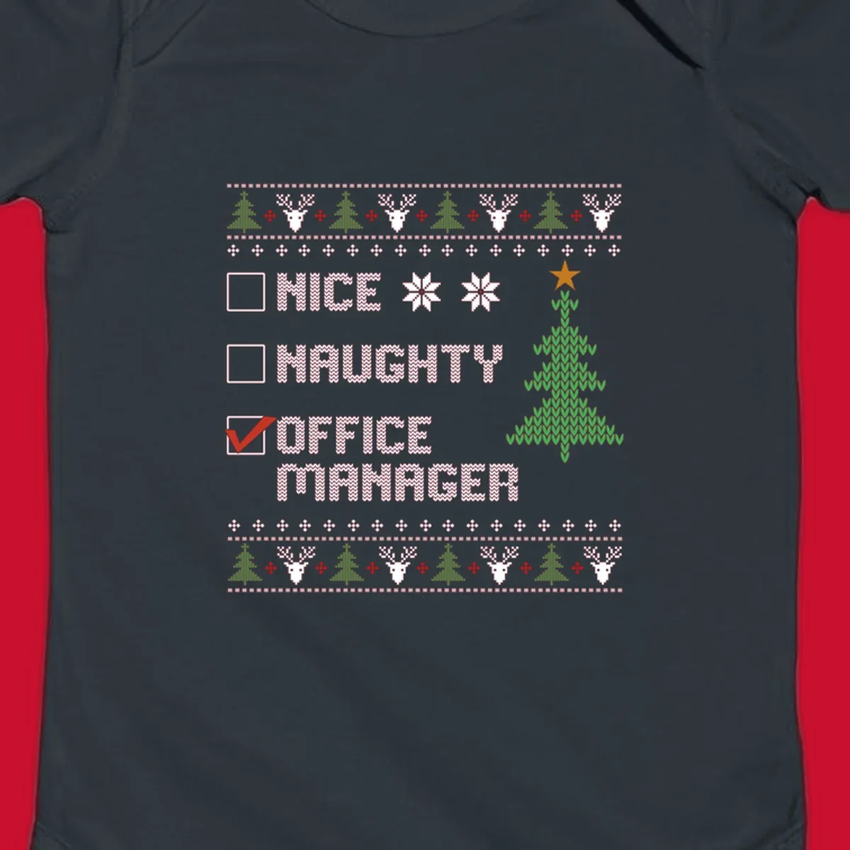 Office manager Christmas checklist design with 'OFFICE MANAGER' checked, featuring a Christmas tree.