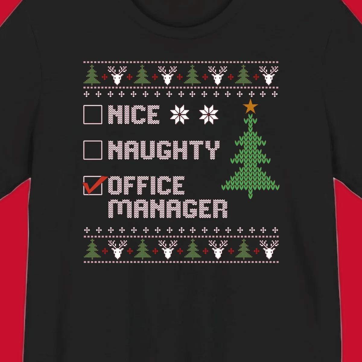 Office manager Christmas checklist design with 'OFFICE MANAGER' checked, featuring a Christmas tree.