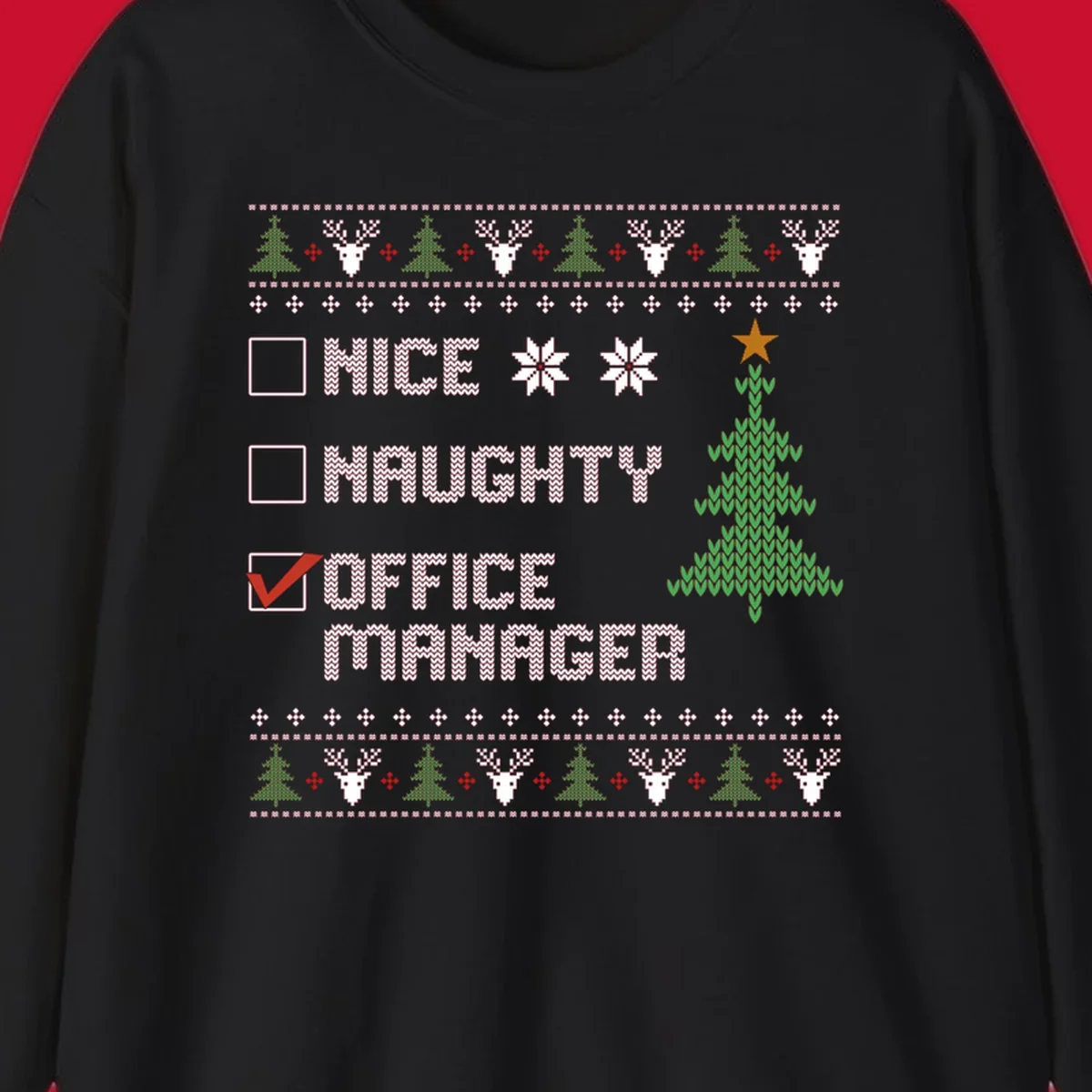 Office manager Christmas checklist design with 'OFFICE MANAGER' checked, featuring a Christmas tree.