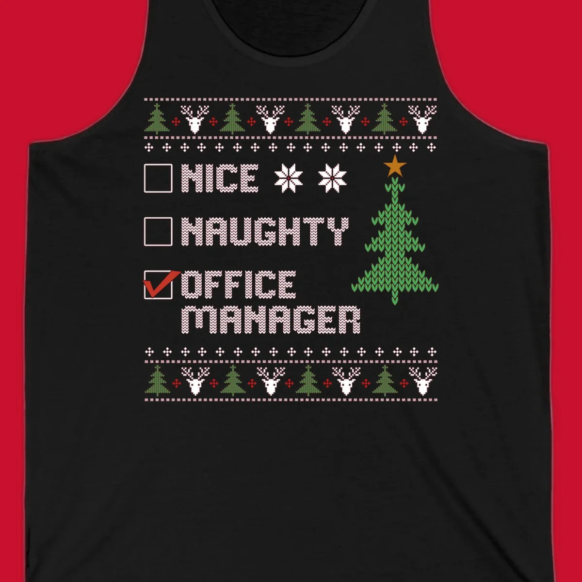 Office manager Christmas checklist design with 'OFFICE MANAGER' checked, featuring a Christmas tree.
